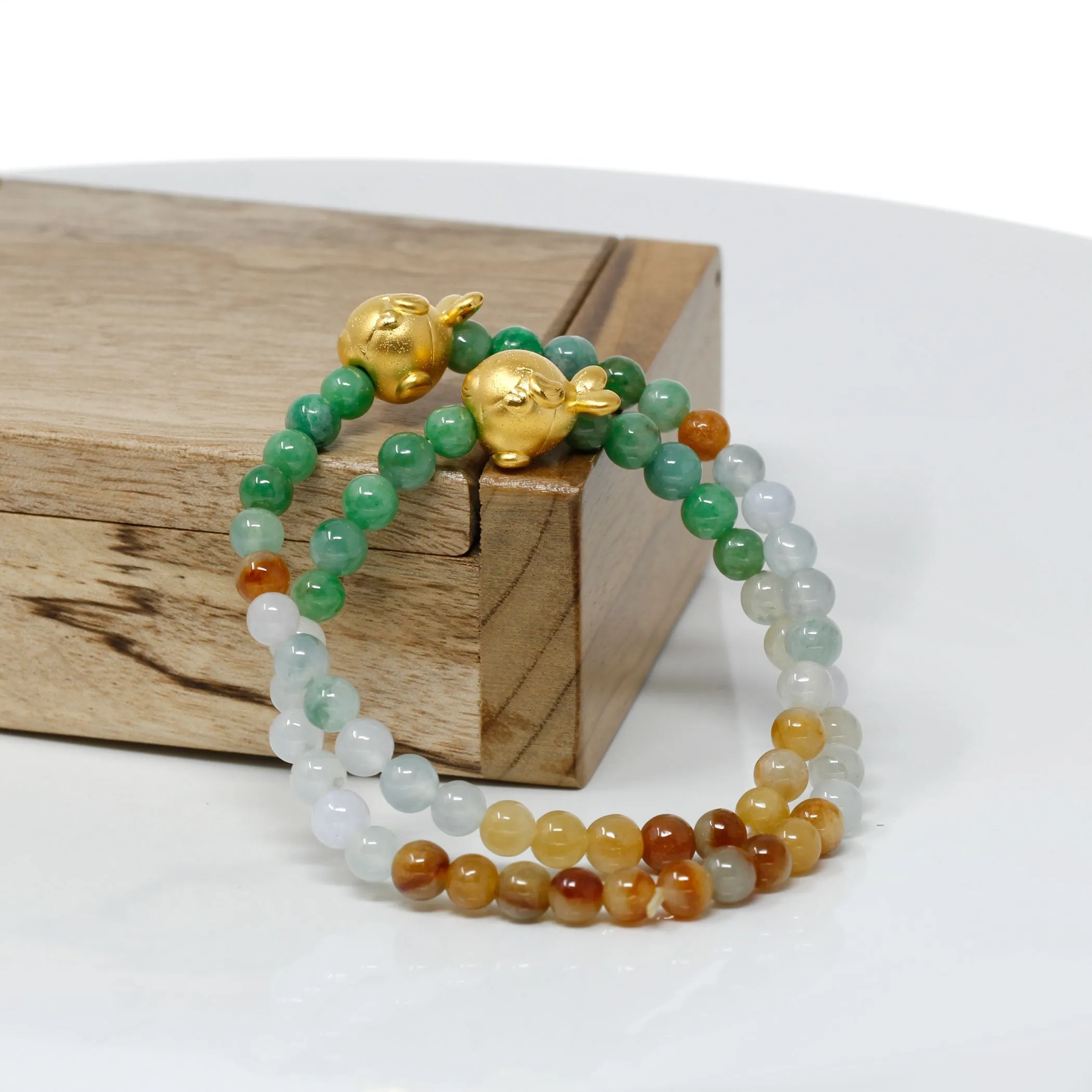 RealJade® "Cute Gold Fish" Genuine High-quality Jade Jadeite Bracelet Bangle with 24k Yellow Goldfish Charm Colorful #405