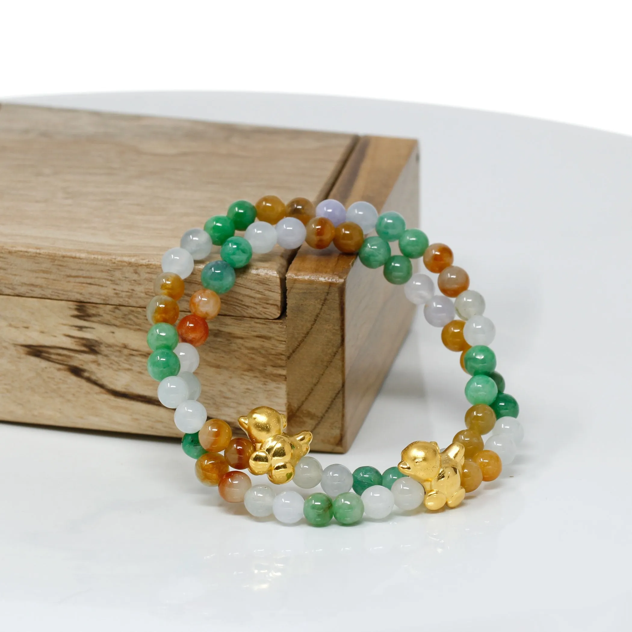 RealJade® "Lucky Chicken" Multi-Color Genuine High-quality Jade Jadeite Bracelet with 24k Yellow Gold Chicken Charm Colorful #425