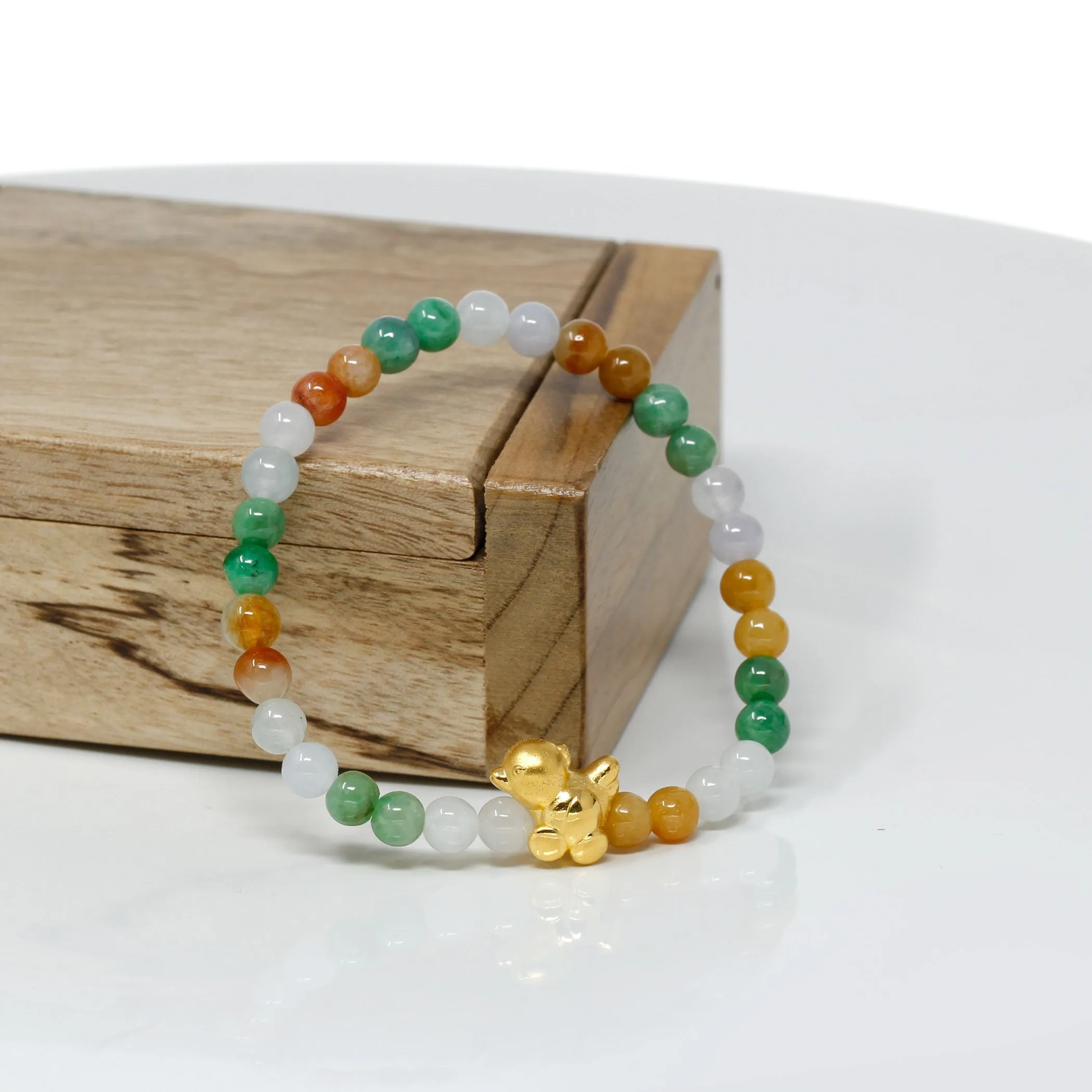 RealJade® "Lucky Chicken" Multi-Color Genuine High-quality Jade Jadeite Bracelet with 24k Yellow Gold Chicken Charm Colorful #425