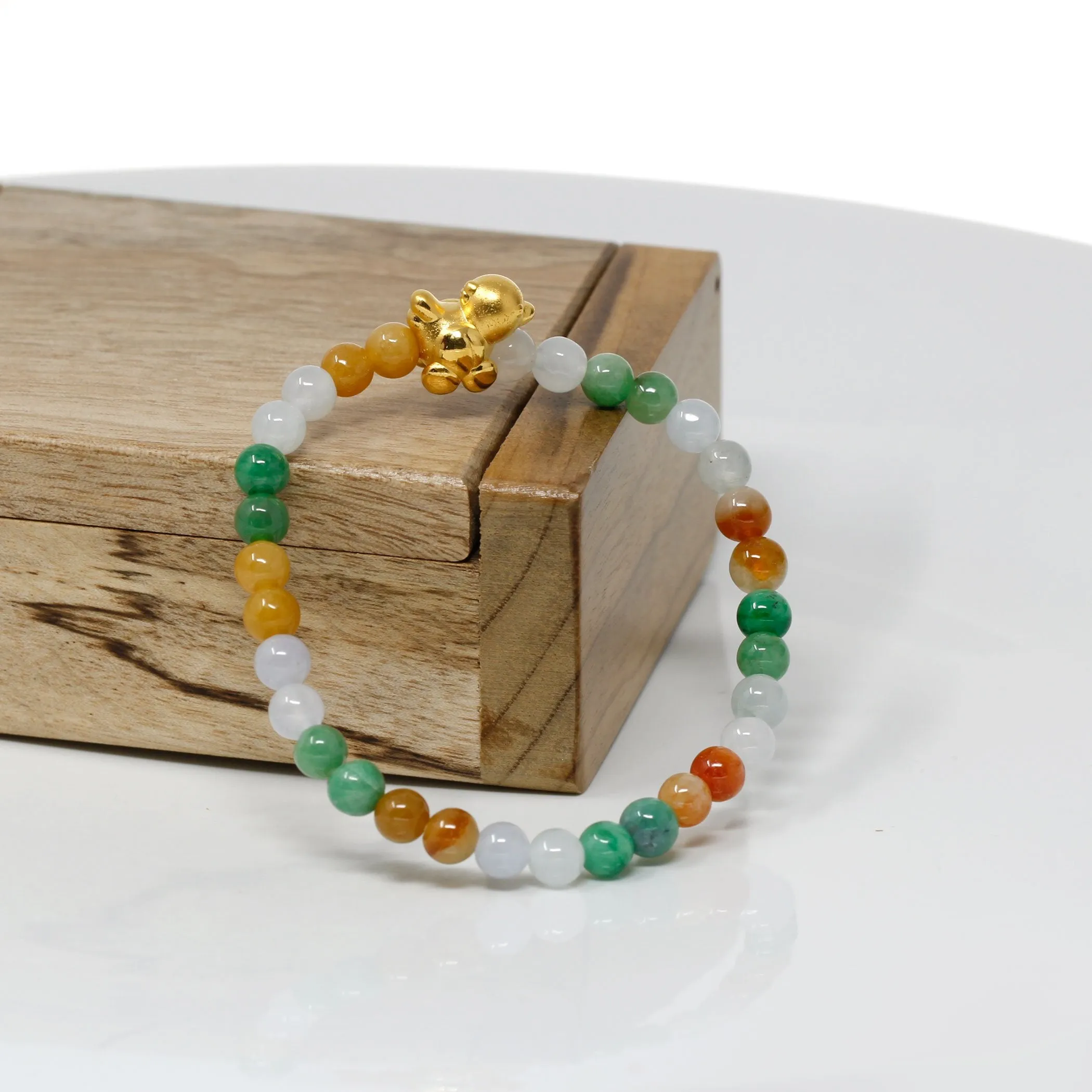 RealJade® "Lucky Chicken" Multi-Color Genuine High-quality Jade Jadeite Bracelet with 24k Yellow Gold Chicken Charm Colorful #425