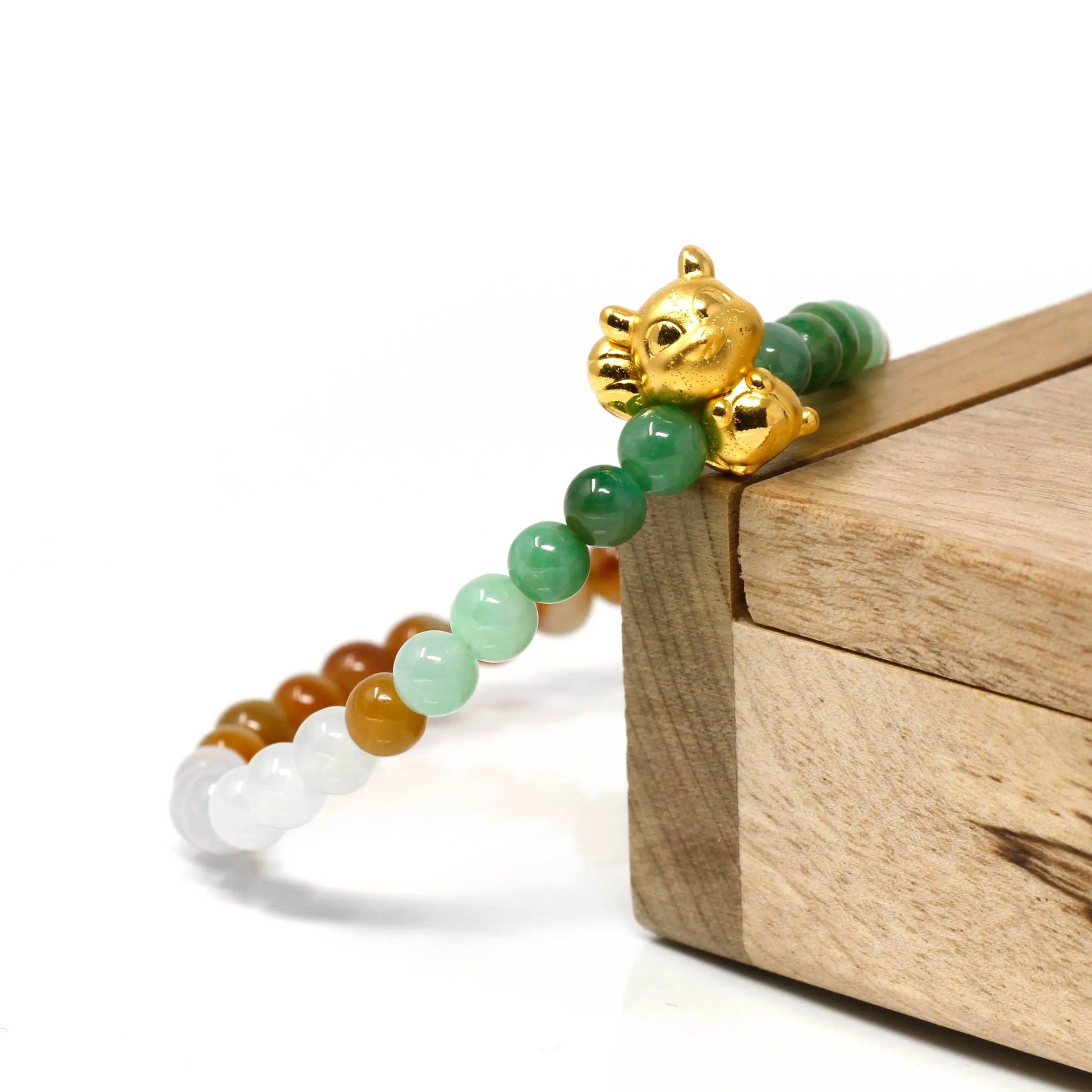 RealJade® "Lucky Fox" Genuine High-quality Jade Jadeite Colorful Bracelet Bangle with 24k Yellow Gold Fox Charm#406