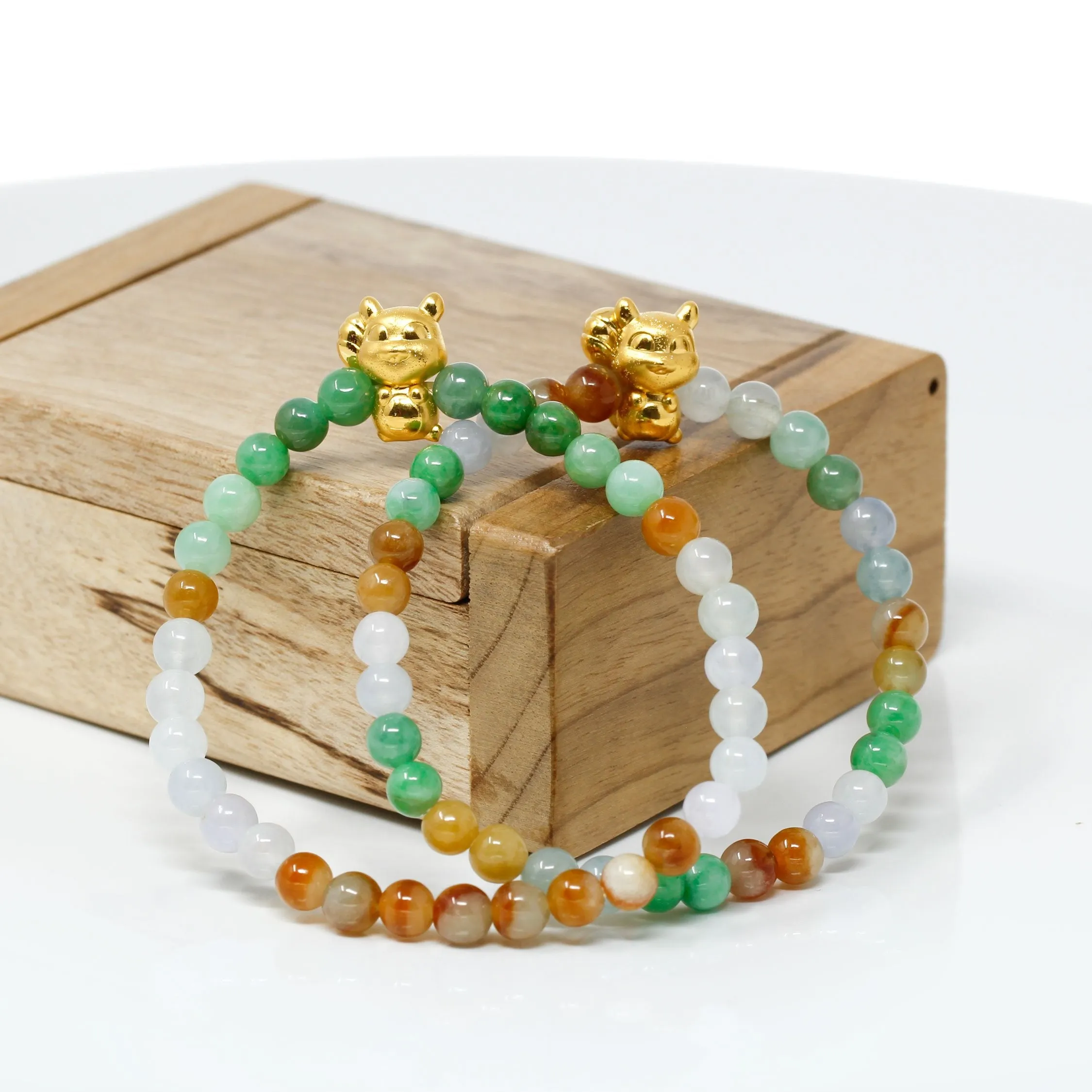 RealJade® "Lucky Fox" Genuine High-quality Jade Jadeite Colorful Bracelet Bangle with 24k Yellow Gold Fox Charm#406