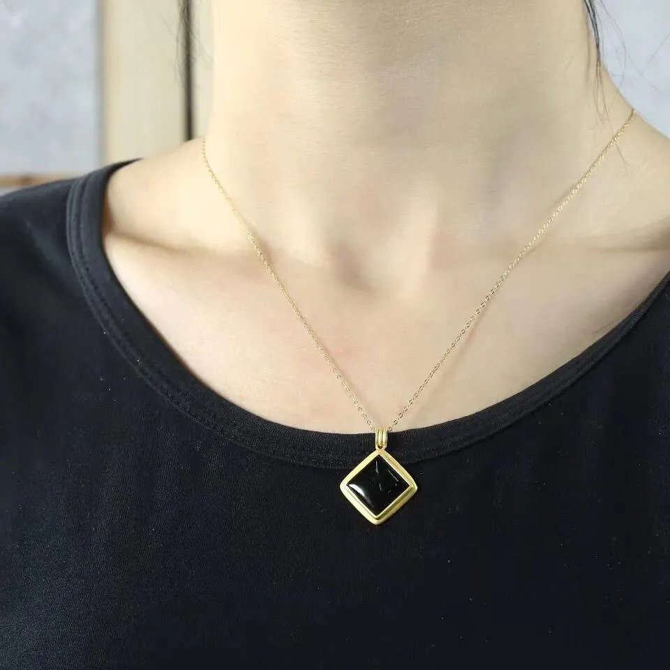 RealJade® Sterling Silver Black Nephrite Jade Classic Square Pendant Necklace
