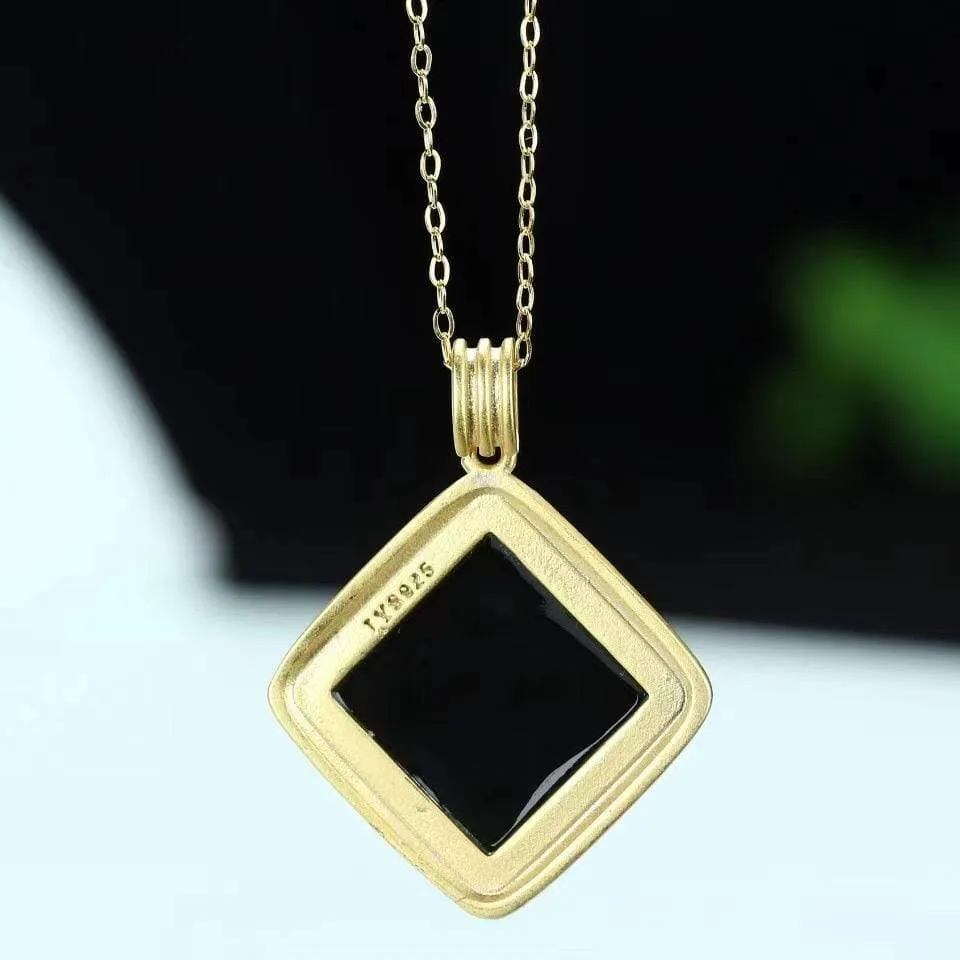 RealJade® Sterling Silver Black Nephrite Jade Classic Square Pendant Necklace