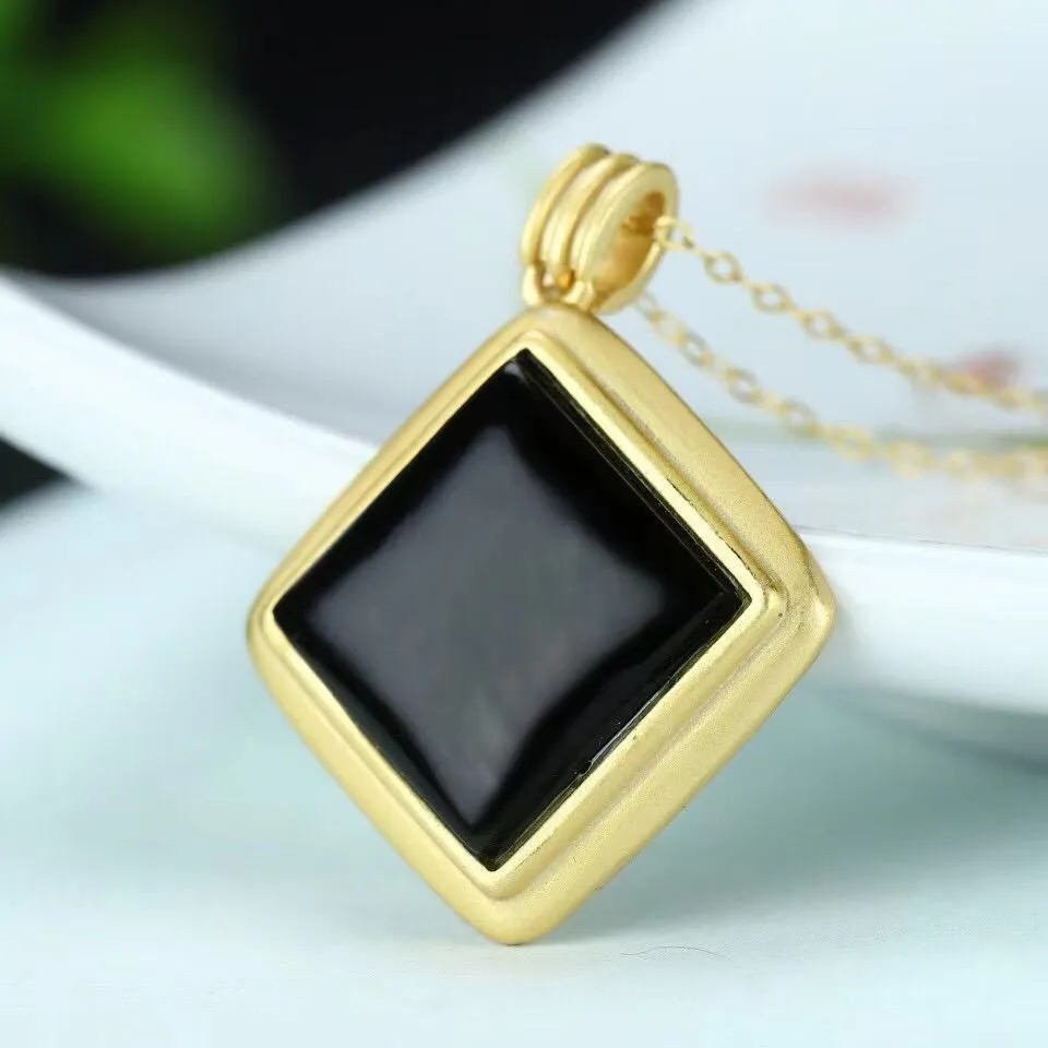 RealJade® Sterling Silver Black Nephrite Jade Classic Square Pendant Necklace