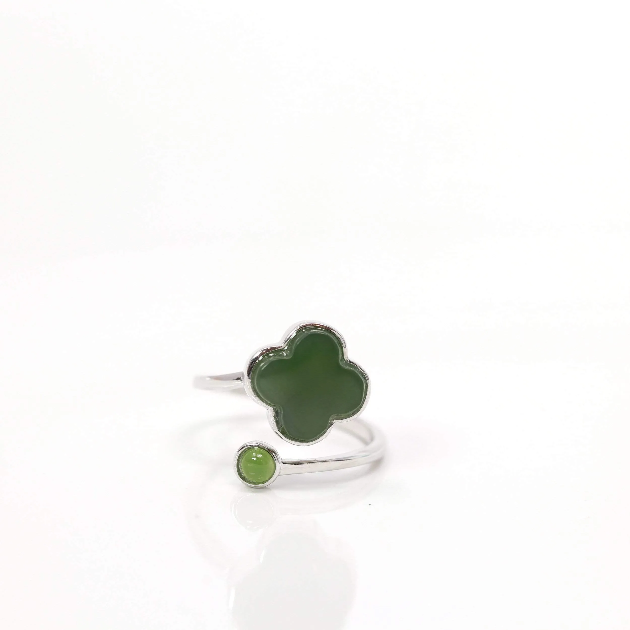 RealJade® Sterling Silver Real Green Nephrite Jade Lucky Four Leaf Clover Ring
