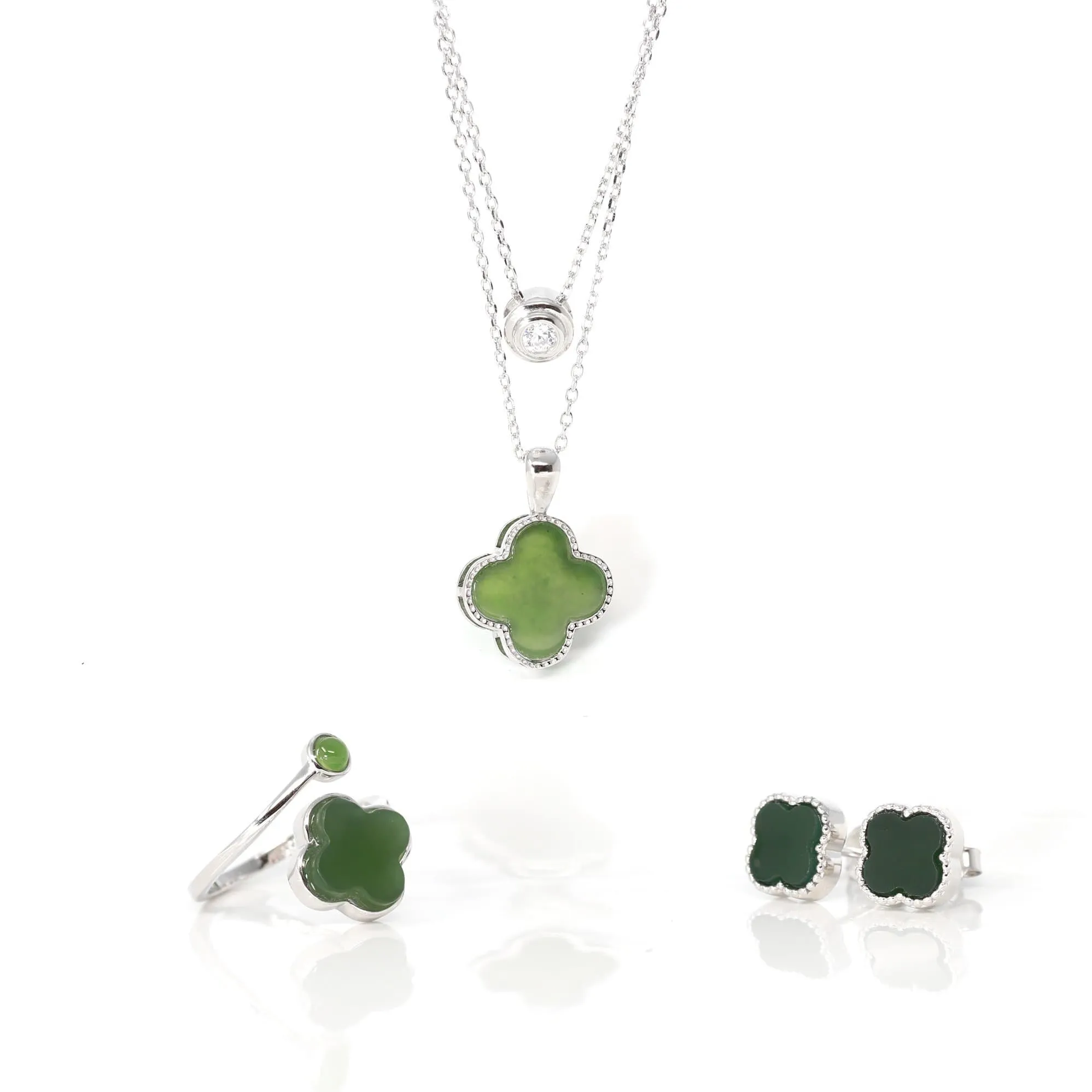 RealJade® Sterling Silver Real Green Nephrite Jade Lucky Four Leaf Clover Ring