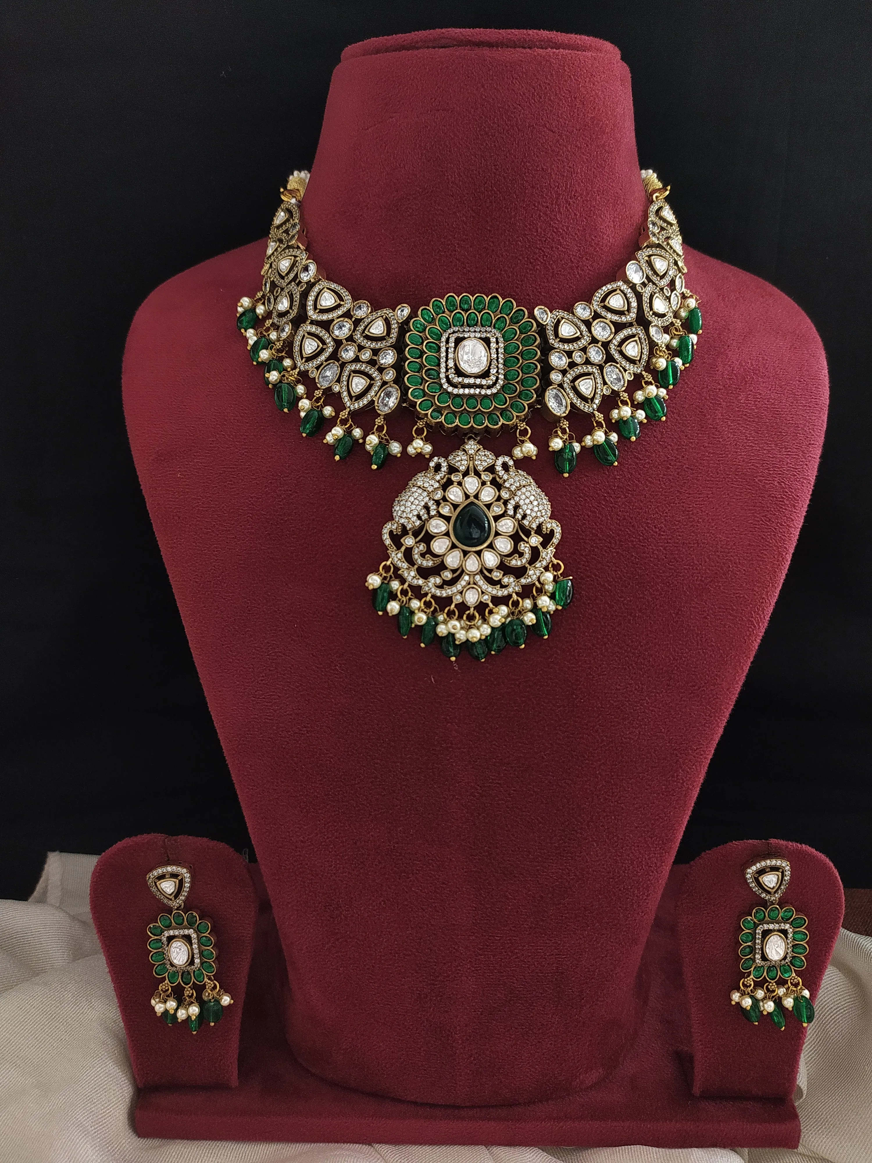 Regal Polki Victorian Necklace Set with Dual Elephants
