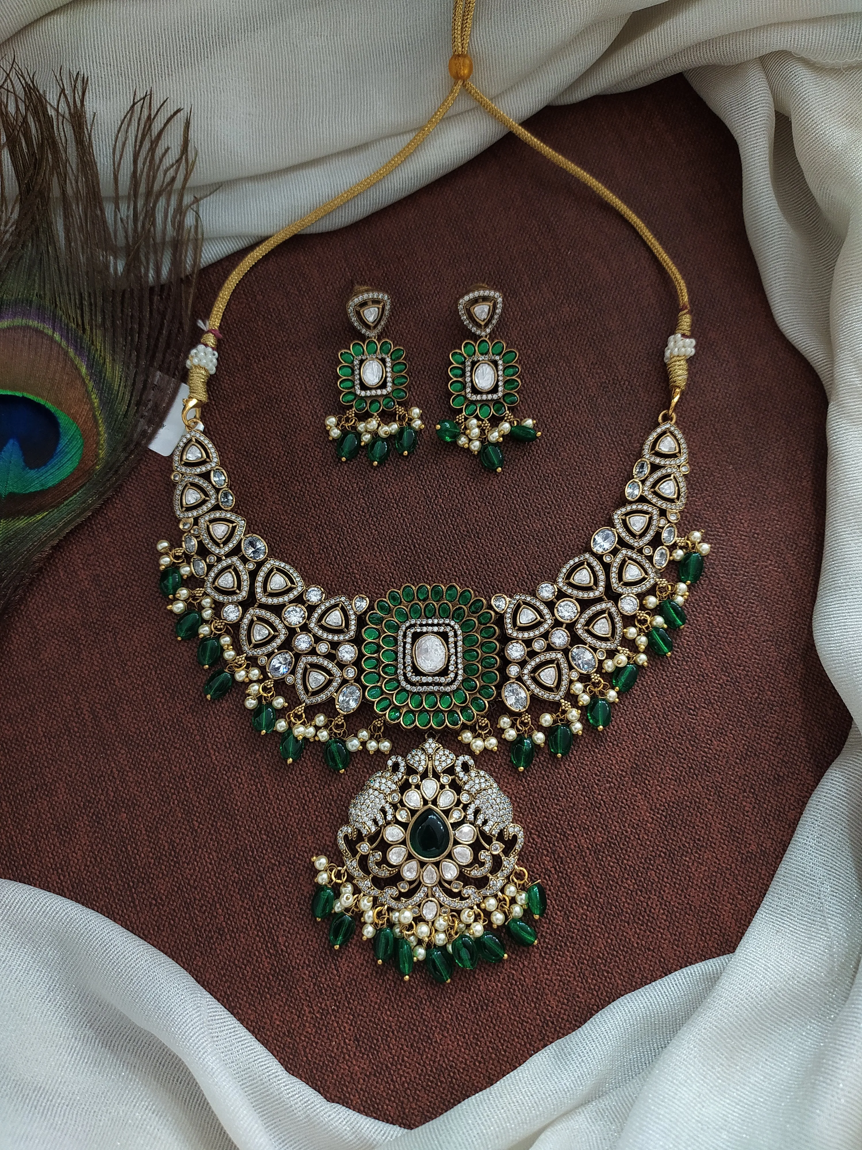 Regal Polki Victorian Necklace Set with Dual Elephants
