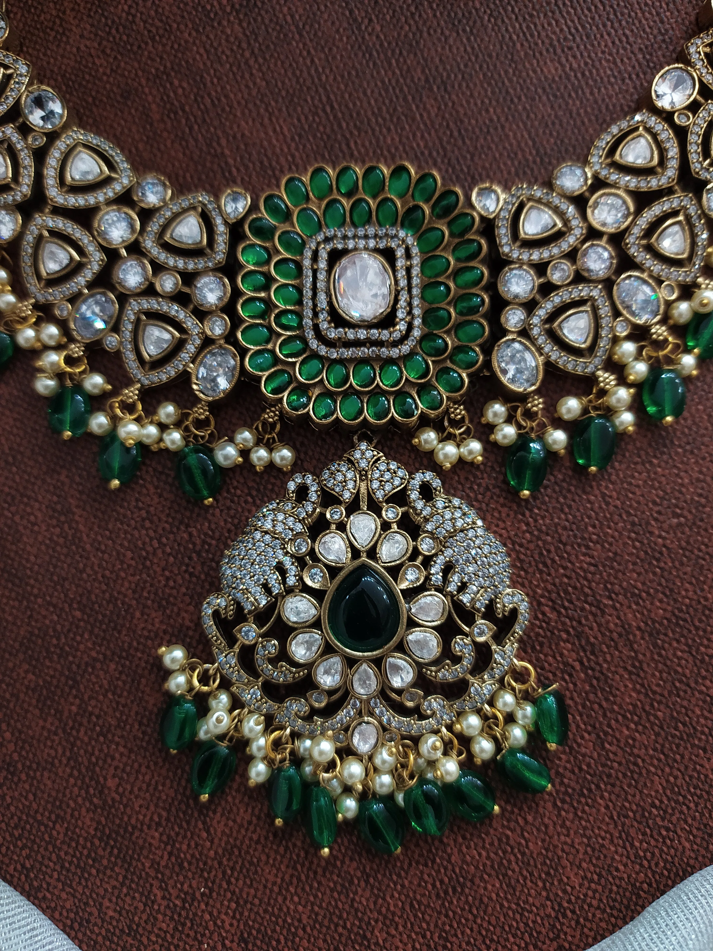 Regal Polki Victorian Necklace Set with Dual Elephants