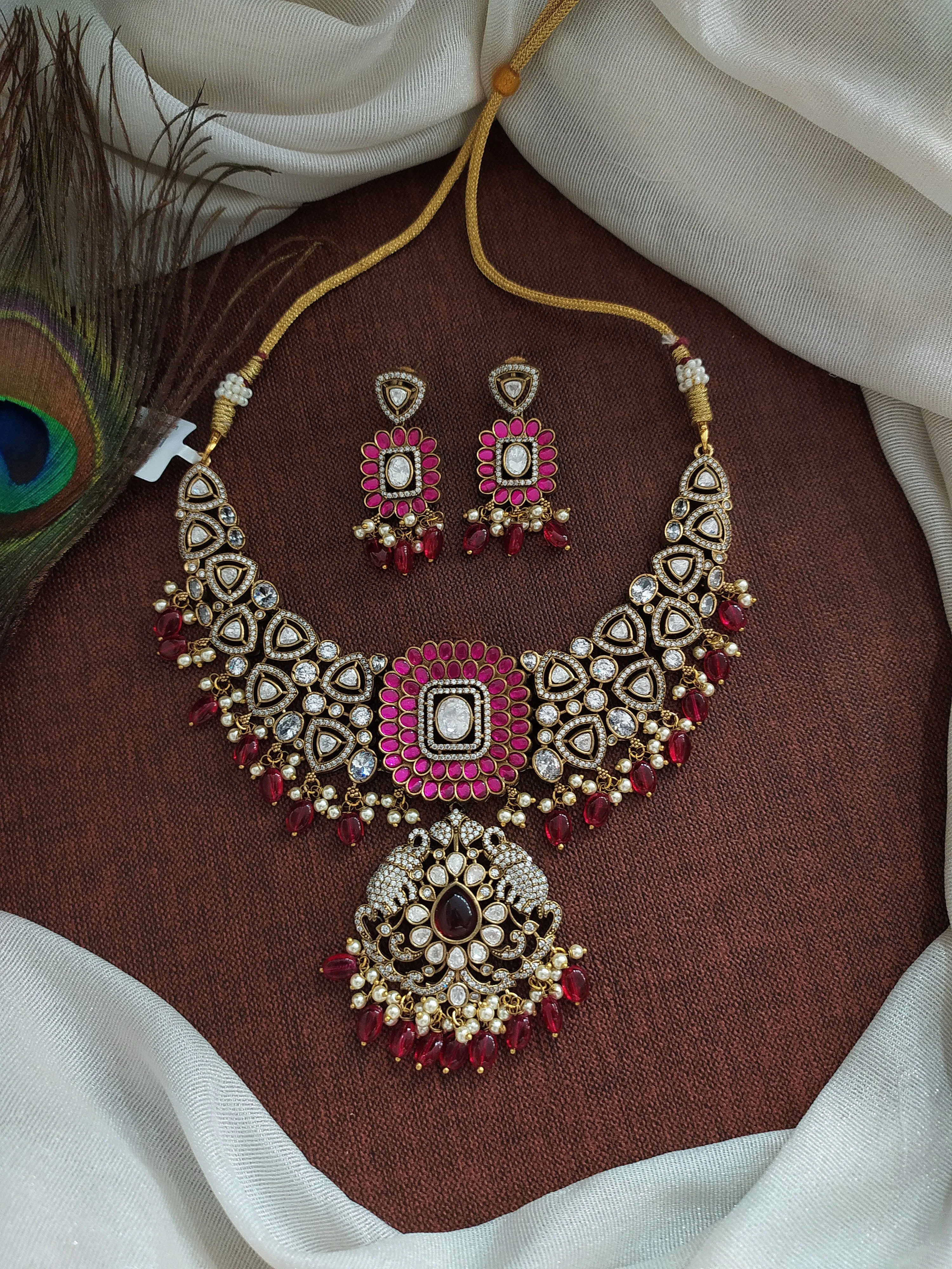 Regal Polki Victorian Necklace Set with Dual Elephants