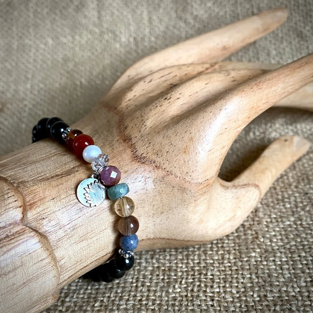 Shungite Navaratna Bracelet, 9 Astrological Gemstones for Health, Wealth & Happiness, Sun Charm