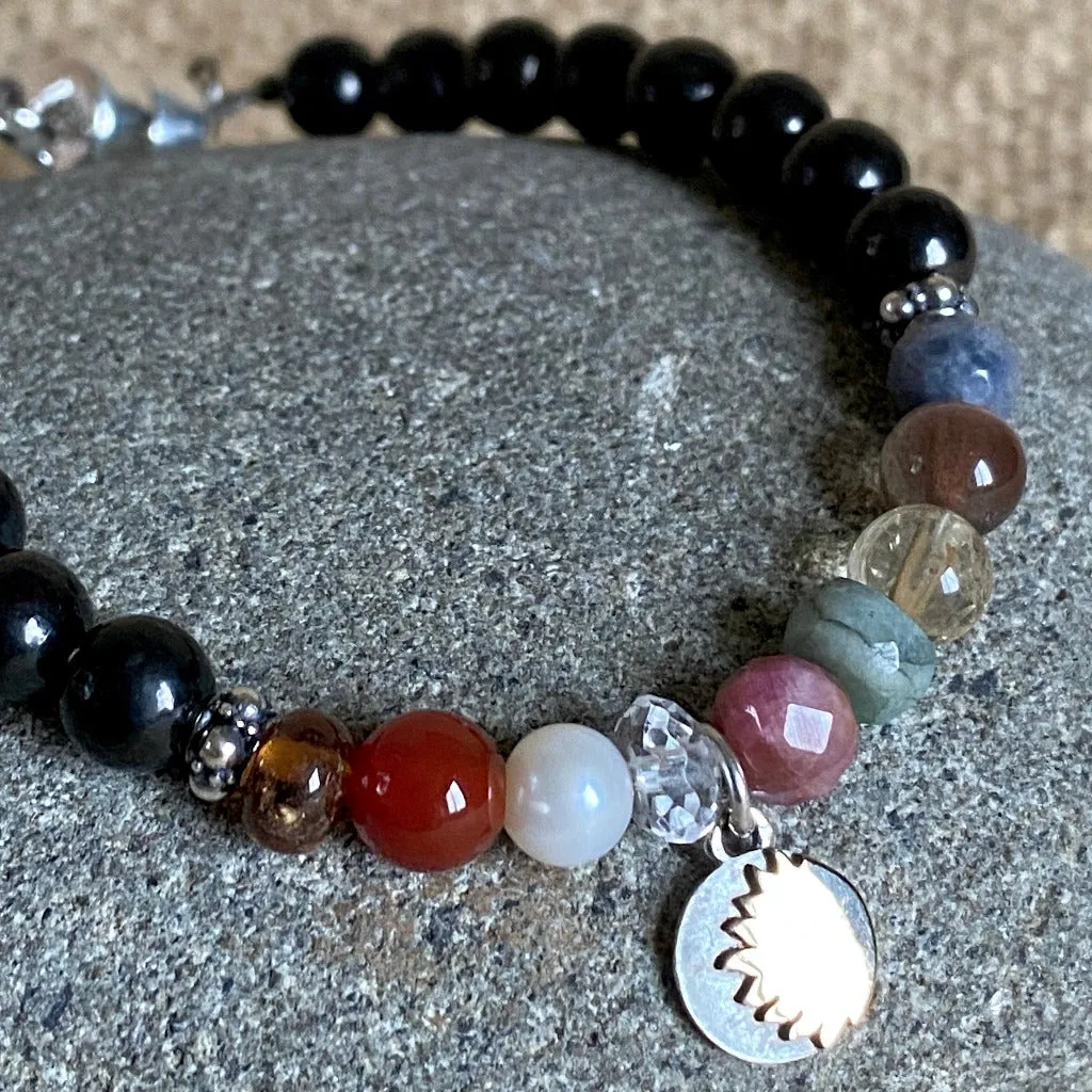 Shungite Navaratna Bracelet, 9 Astrological Gemstones for Health, Wealth & Happiness, Sun Charm