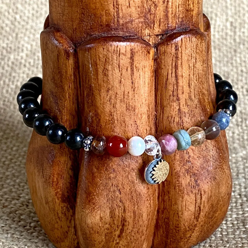 Shungite Navaratna Bracelet, 9 Astrological Gemstones for Health, Wealth & Happiness, Sun Charm