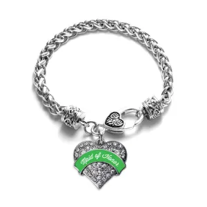 Silver Emerald Green Maid of Honor Pave Heart Charm Braided Bracelet