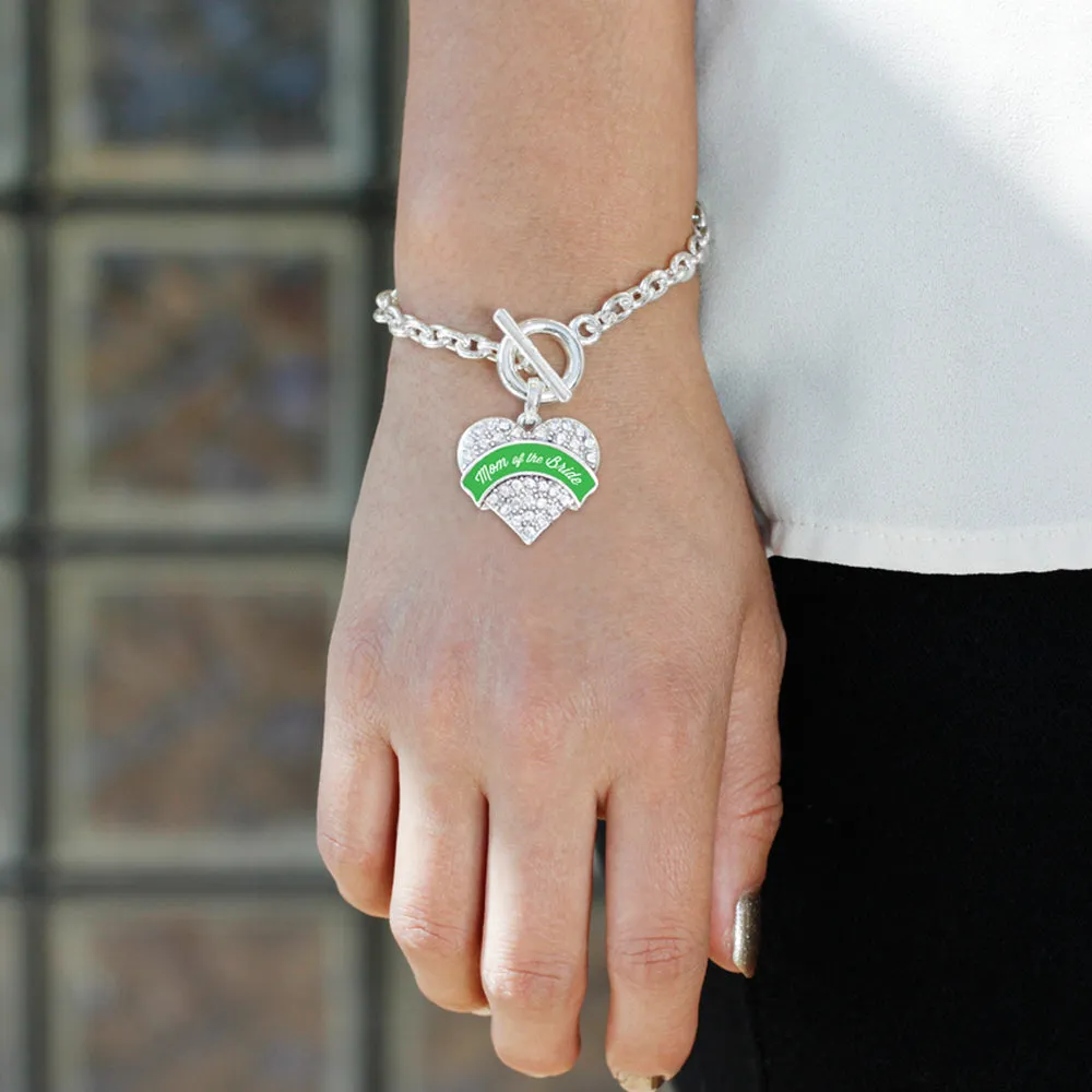 Silver Emerald Green Mom of the Bride Pave Heart Charm Toggle Bracelet