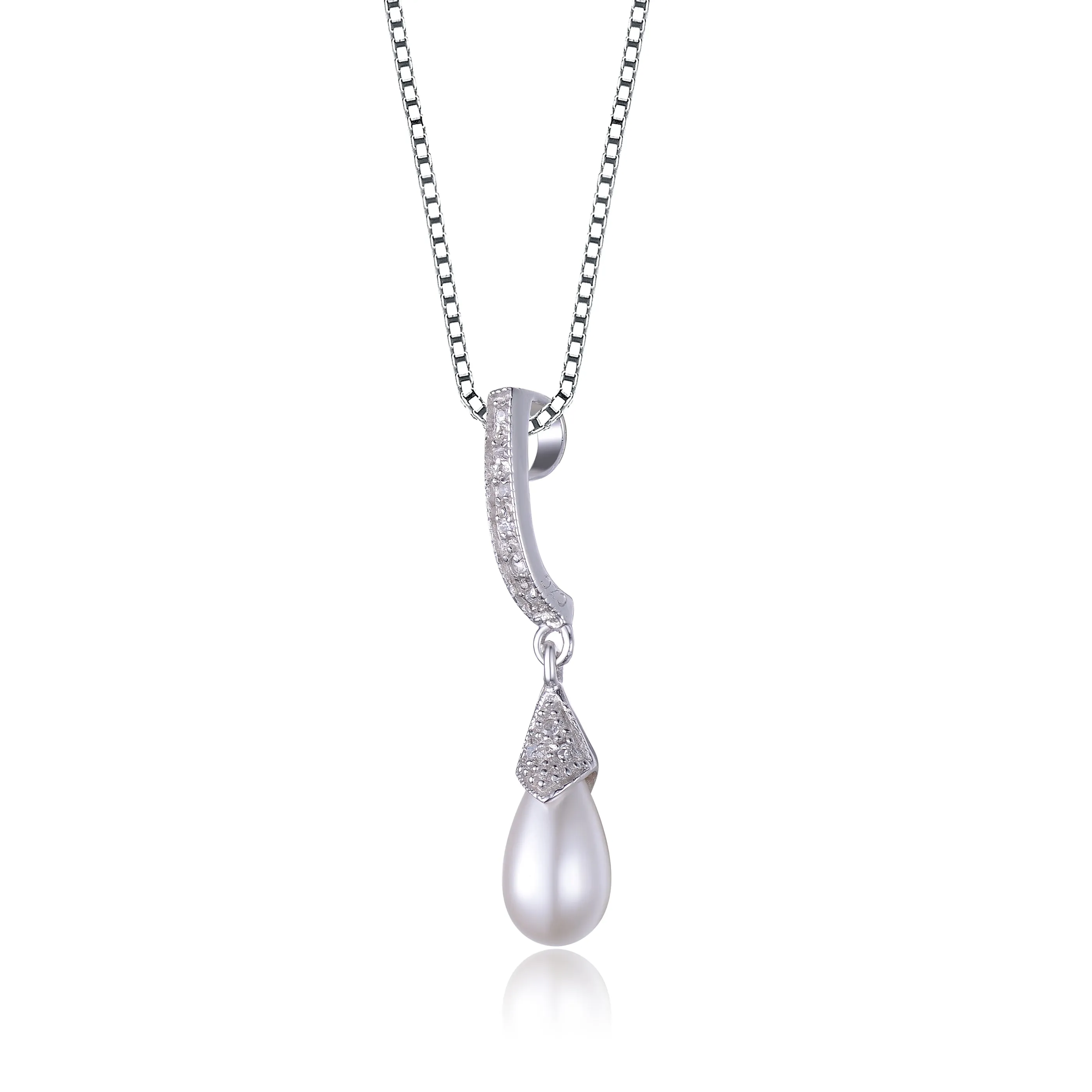 Sterling Silver Cubic Zirconia Gold Plating Clear and Cultured Pearl Dangling Pendant Necklace