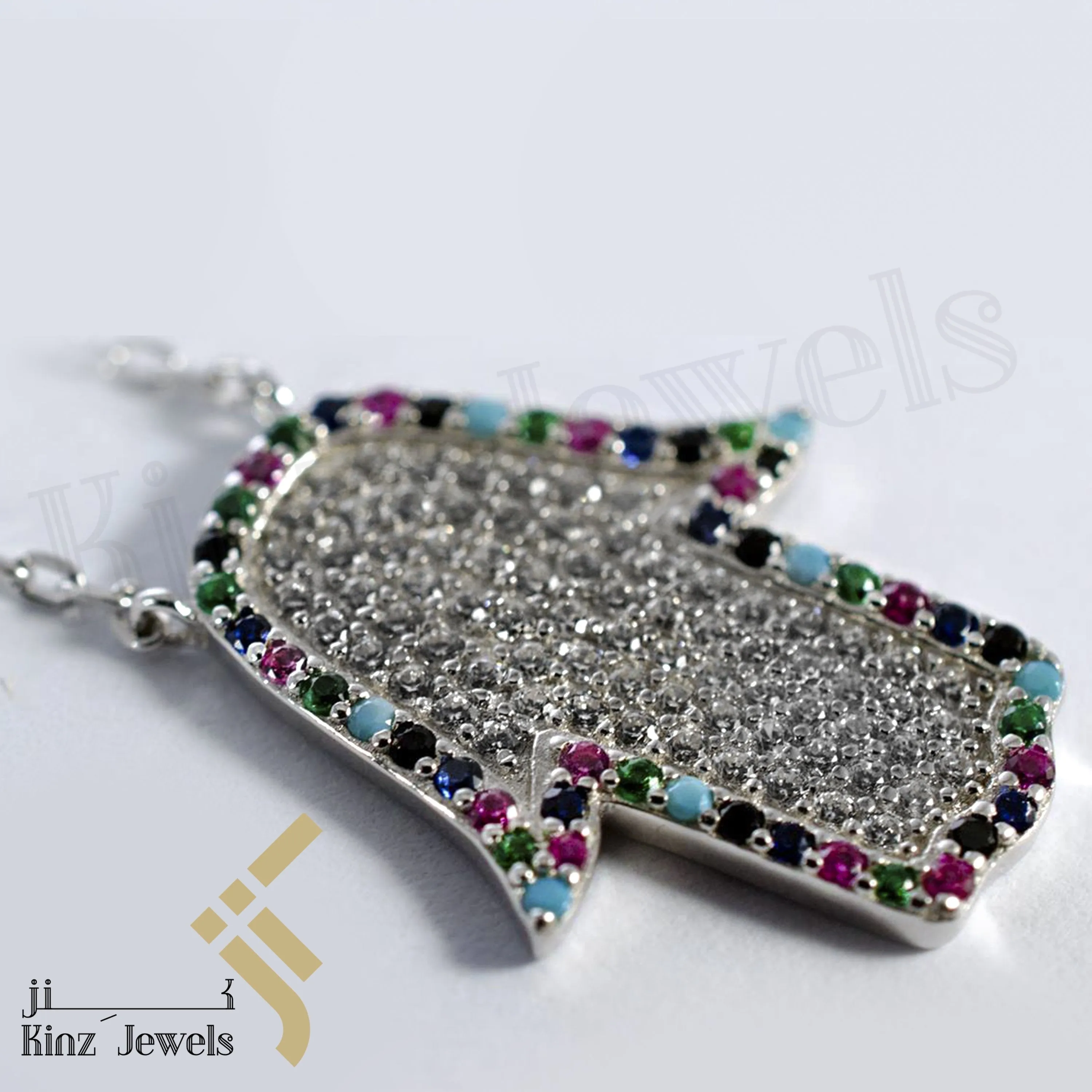 Sterling Silver Hamsa Multi Gemstones And Cubic Zircon Necklace