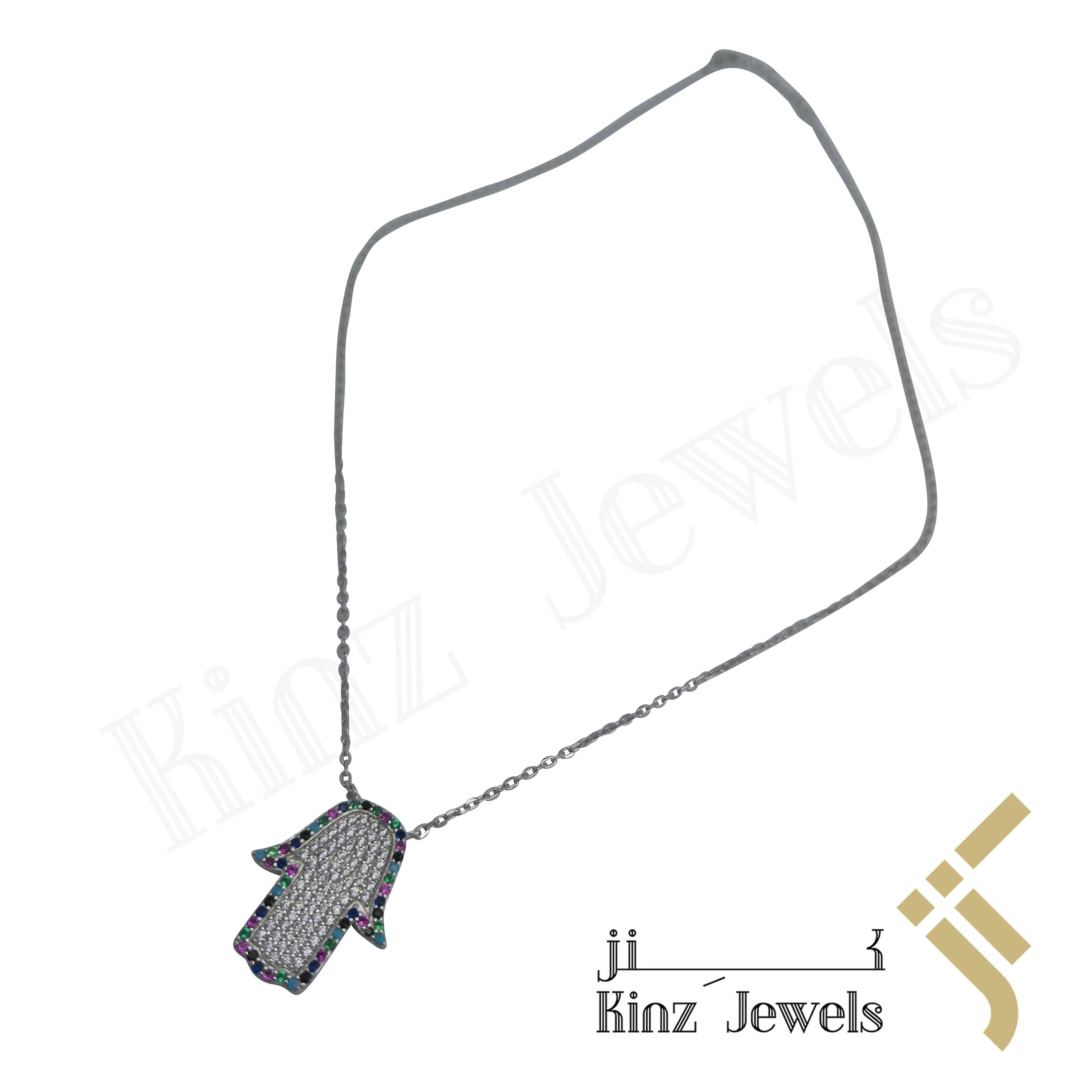 Sterling Silver Hamsa Multi Gemstones And Cubic Zircon Necklace