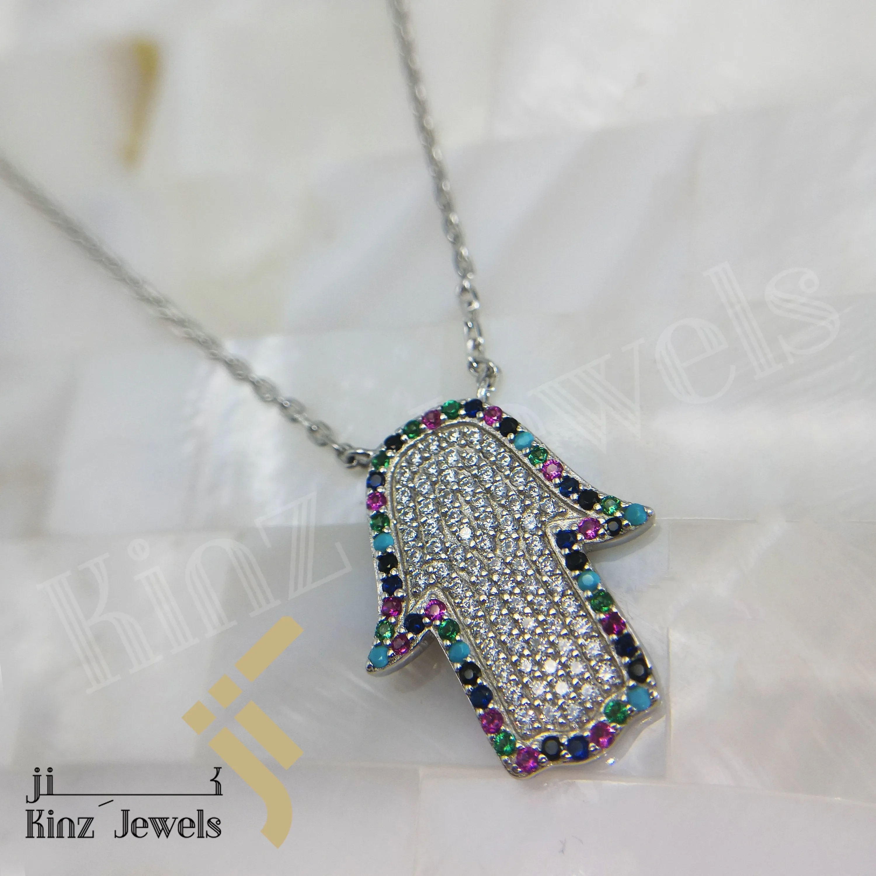 Sterling Silver Hamsa Multi Gemstones And Cubic Zircon Necklace