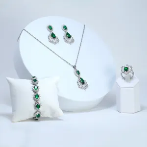 Swarovski Crystal Emerald Green Silver Floral Drop Elegant Pendant Necklace set, Gift for her, Bride Necklace, Wedding Necklace Set Cz
