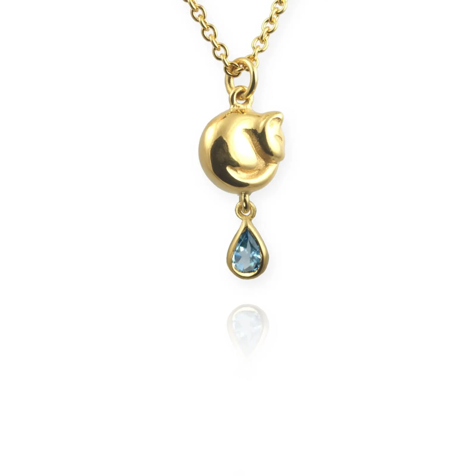 Tiny Cat Necklace with blue topaz drop
