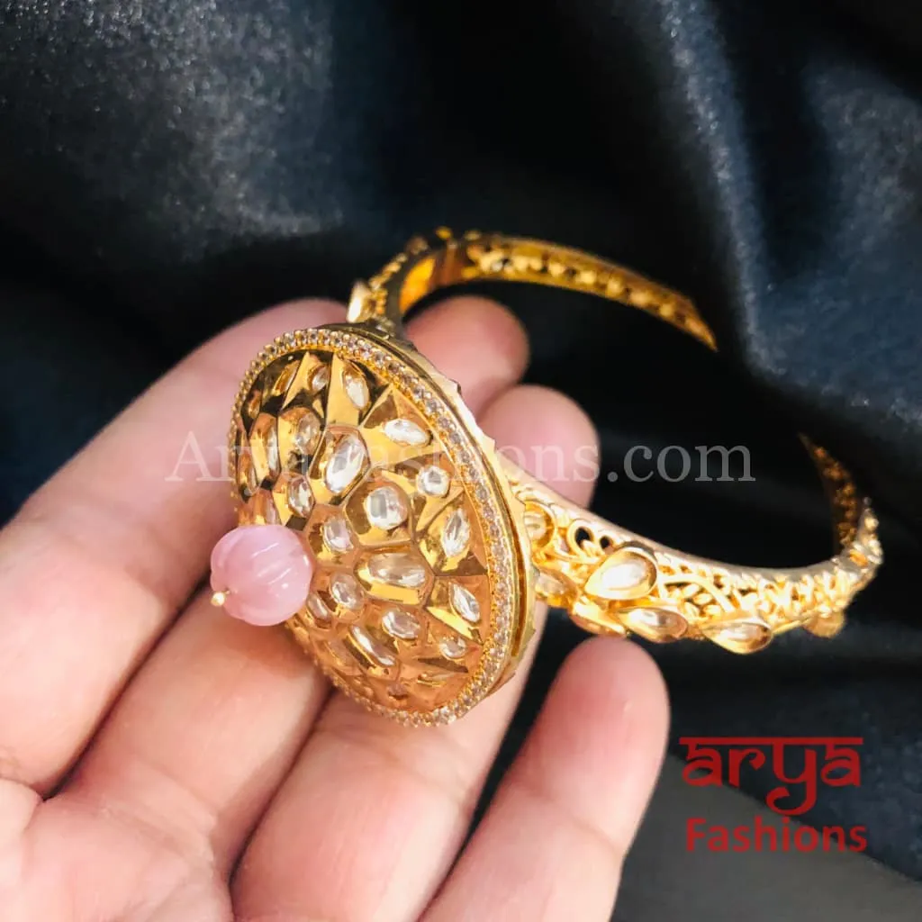 Veera Round Dial Jadau Kundan Rajwadi Openable Bracelet/ Jaipuri Pacchi Kundan Bracelet