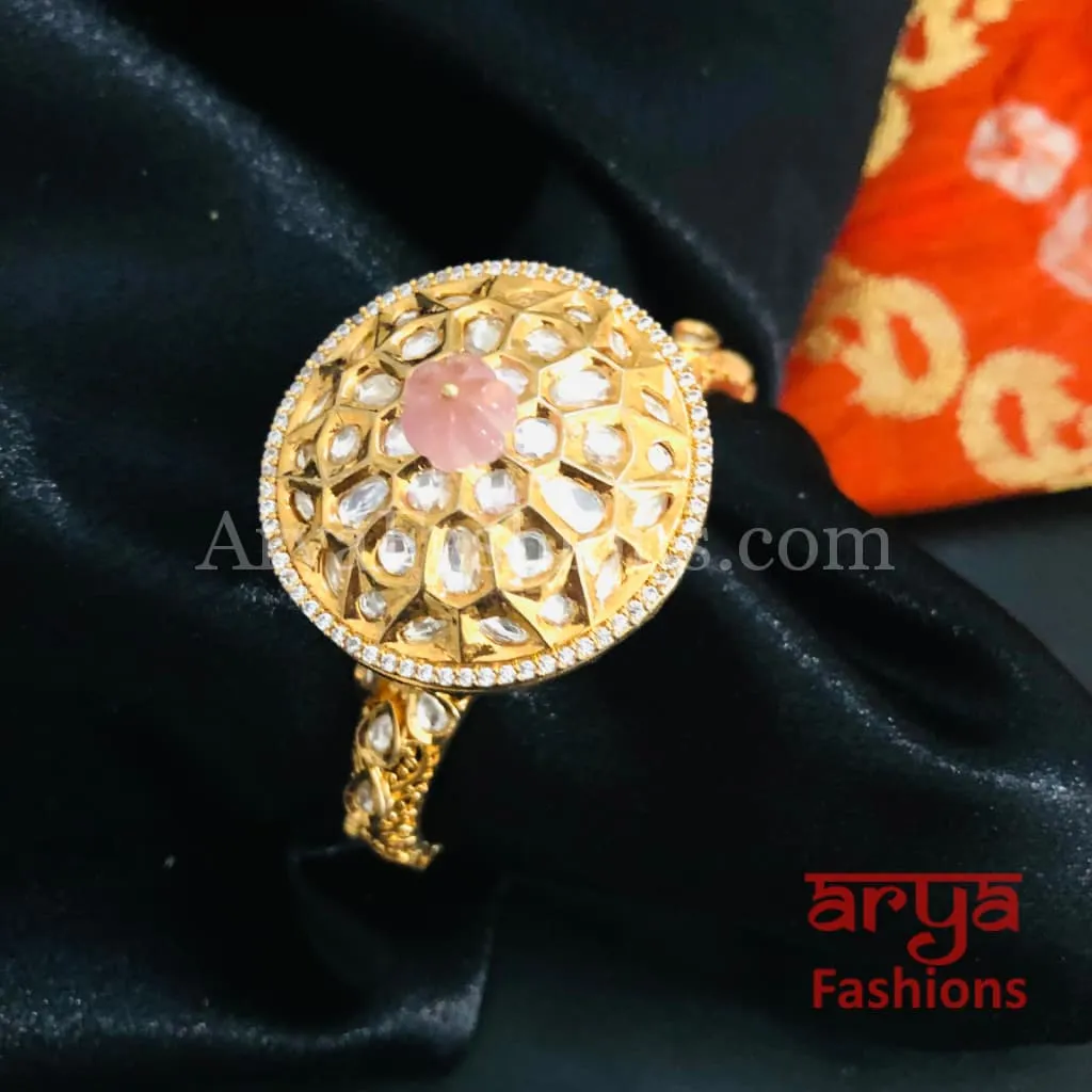 Veera Round Dial Jadau Kundan Rajwadi Openable Bracelet/ Jaipuri Pacchi Kundan Bracelet