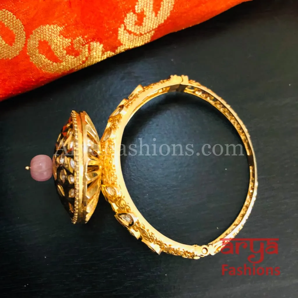 Veera Round Dial Jadau Kundan Rajwadi Openable Bracelet/ Jaipuri Pacchi Kundan Bracelet