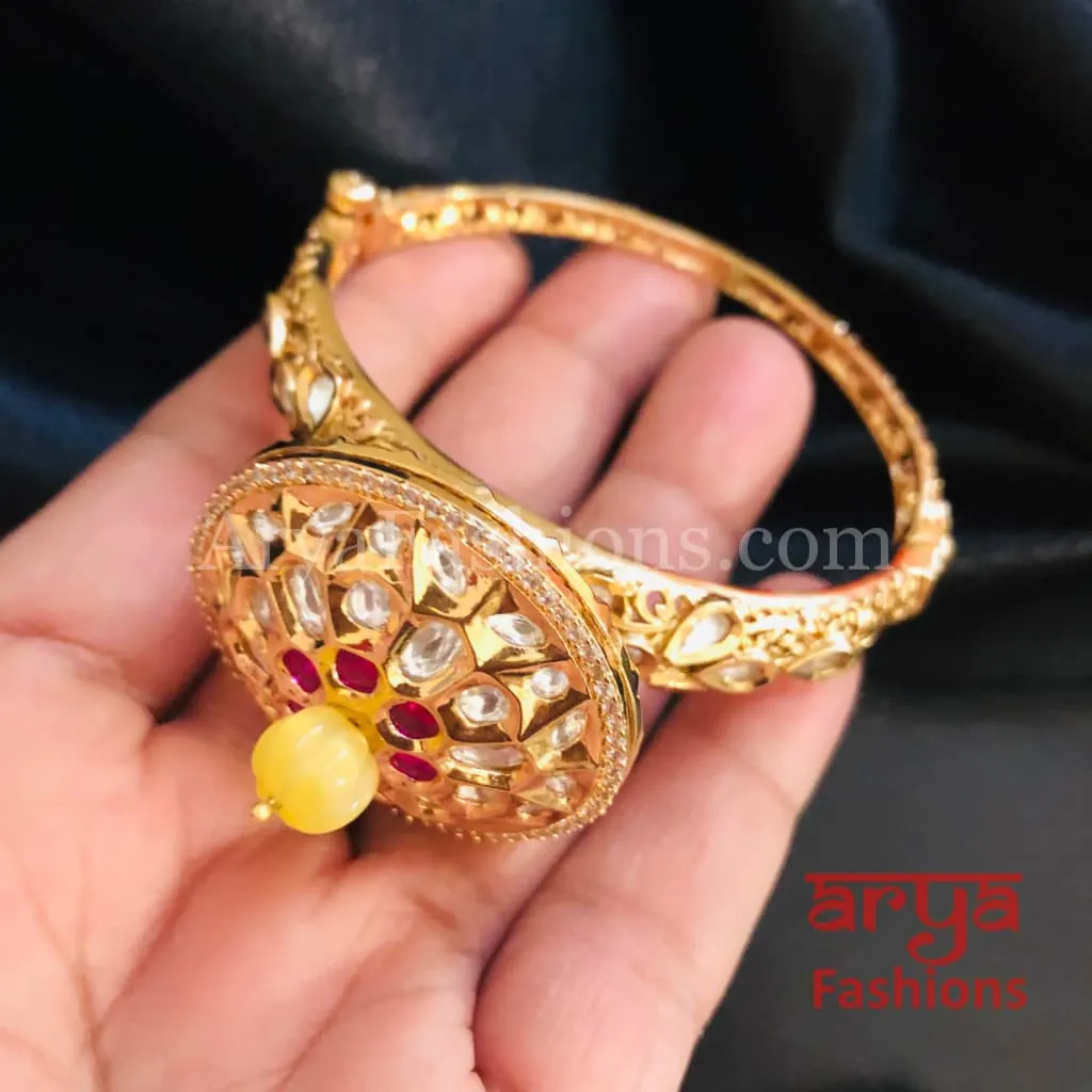 Veera Round Dial Jadau Kundan Rajwadi Openable Bracelet/ Jaipuri Pacchi Kundan Bracelet