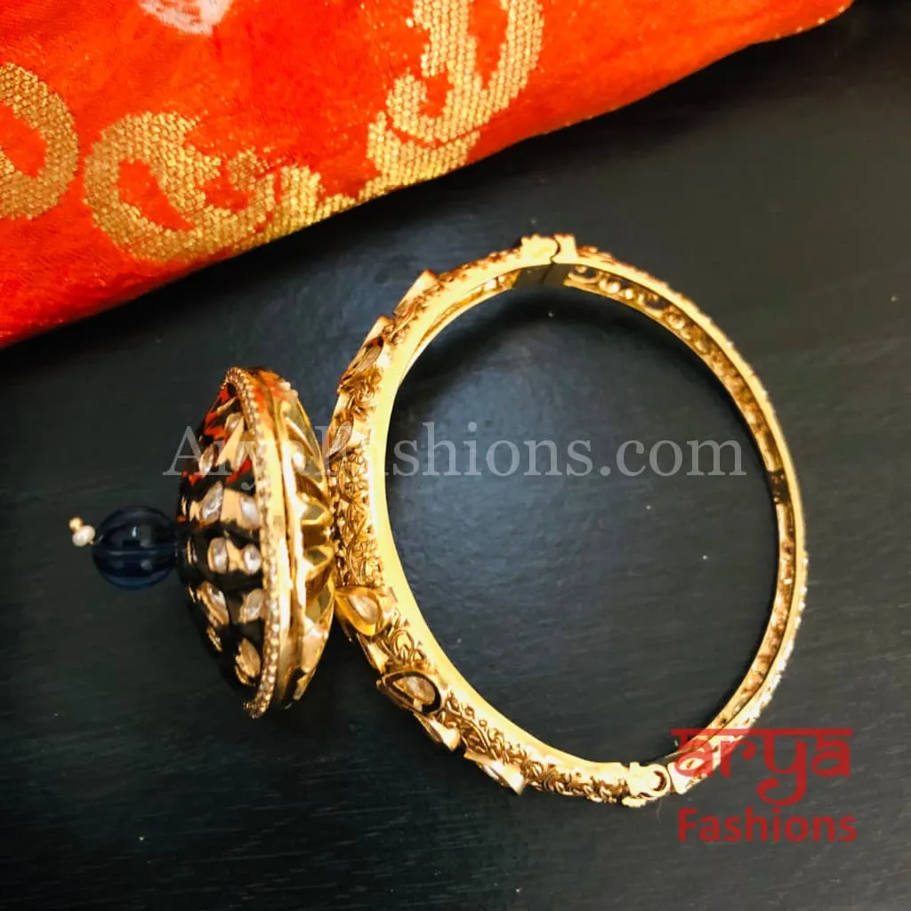 Veera Round Dial Jadau Kundan Rajwadi Openable Bracelet/ Jaipuri Pacchi Kundan Bracelet