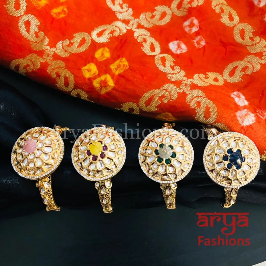 Veera Round Dial Jadau Kundan Rajwadi Openable Bracelet/ Jaipuri Pacchi Kundan Bracelet