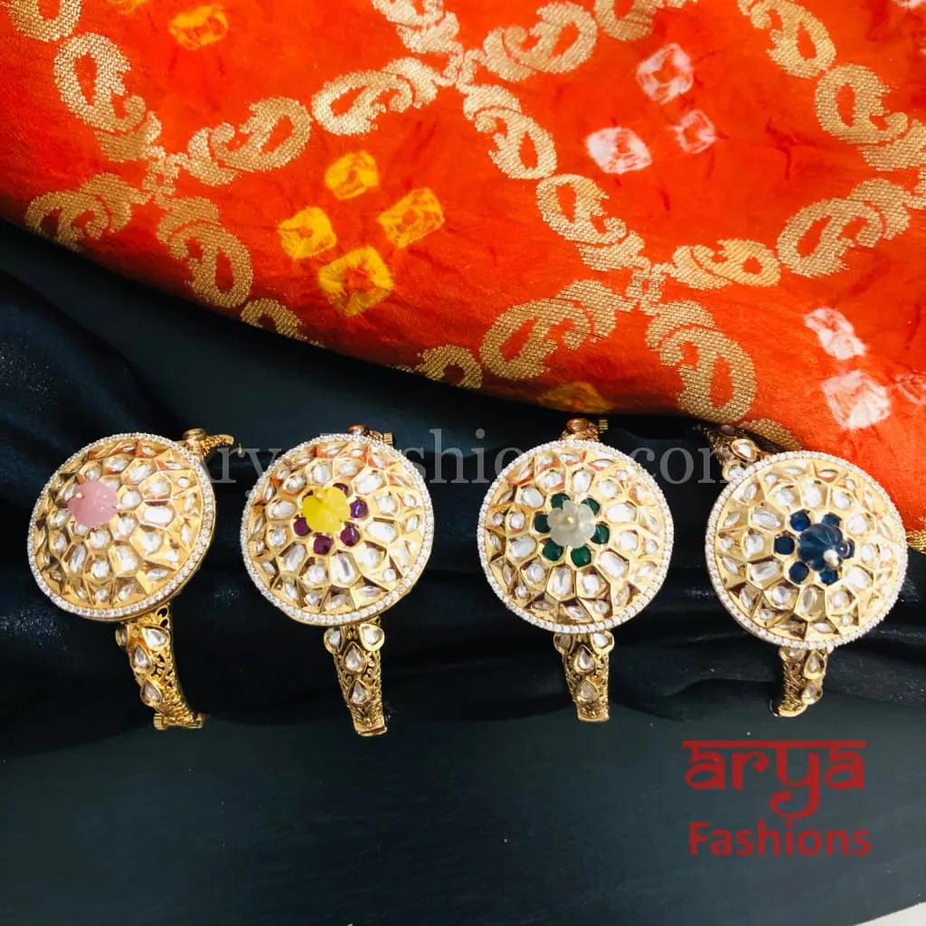Veera Round Dial Jadau Kundan Rajwadi Openable Bracelet/ Jaipuri Pacchi Kundan Bracelet