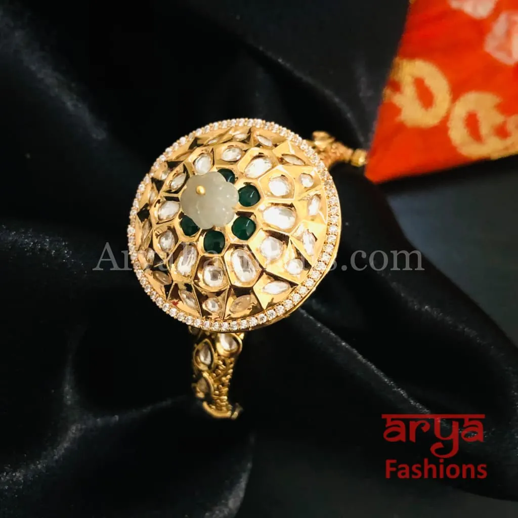 Veera Round Dial Jadau Kundan Rajwadi Openable Bracelet/ Jaipuri Pacchi Kundan Bracelet