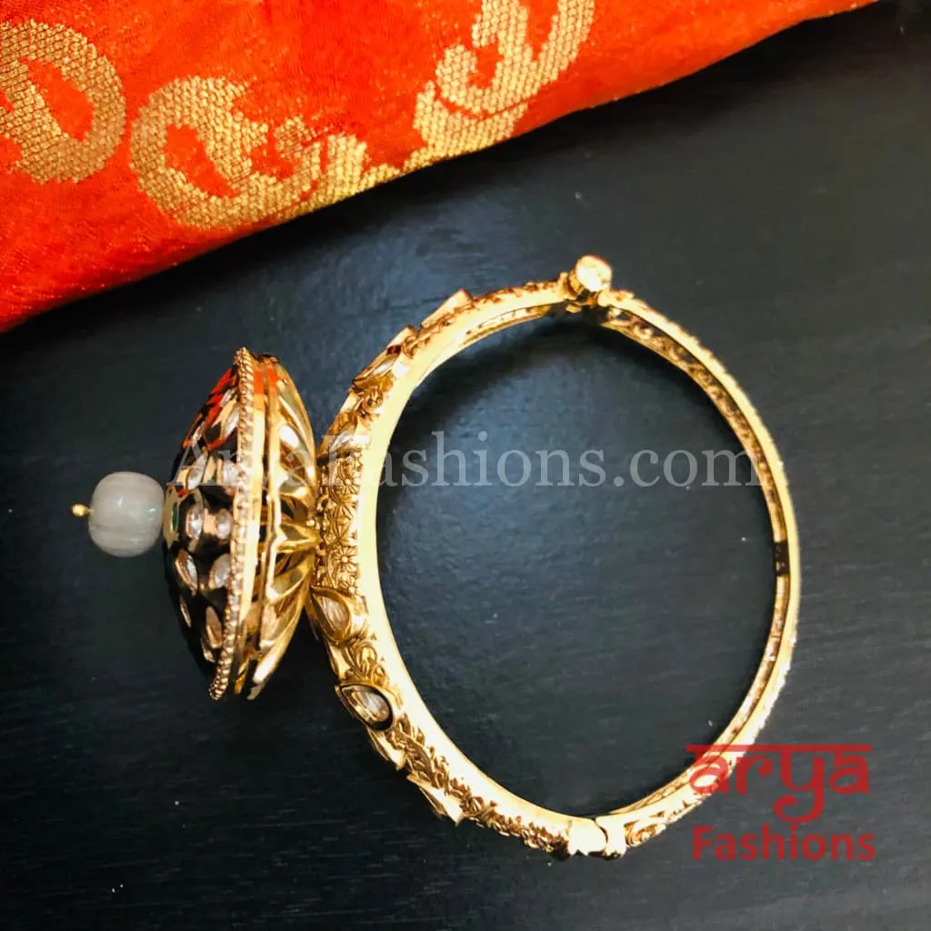 Veera Round Dial Jadau Kundan Rajwadi Openable Bracelet/ Jaipuri Pacchi Kundan Bracelet