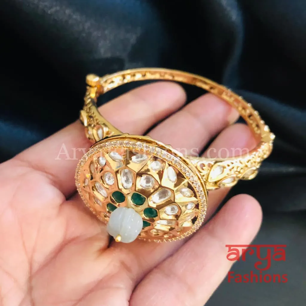 Veera Round Dial Jadau Kundan Rajwadi Openable Bracelet/ Jaipuri Pacchi Kundan Bracelet