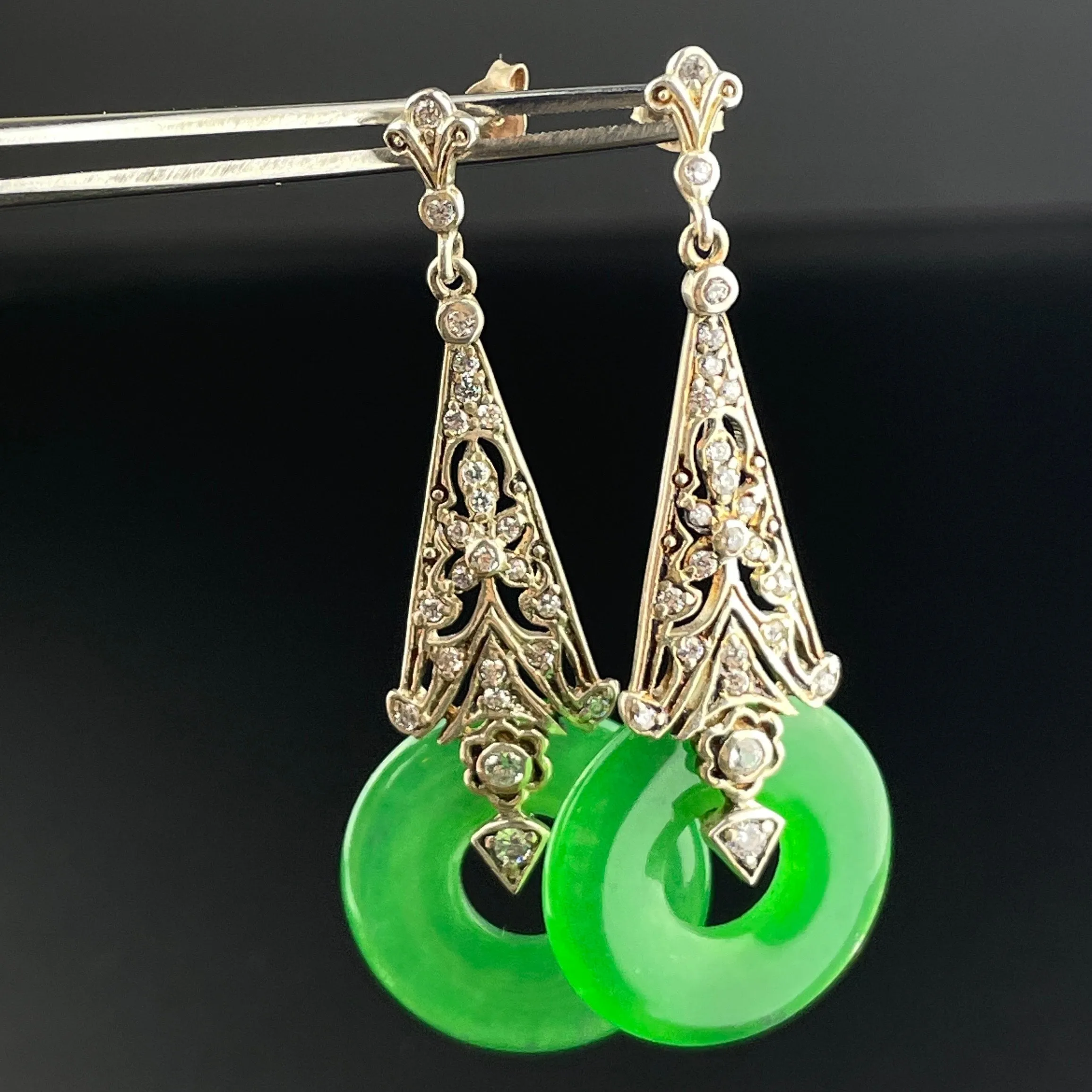 Vintage Art Deco Style Silver Filigree Jade Earrings