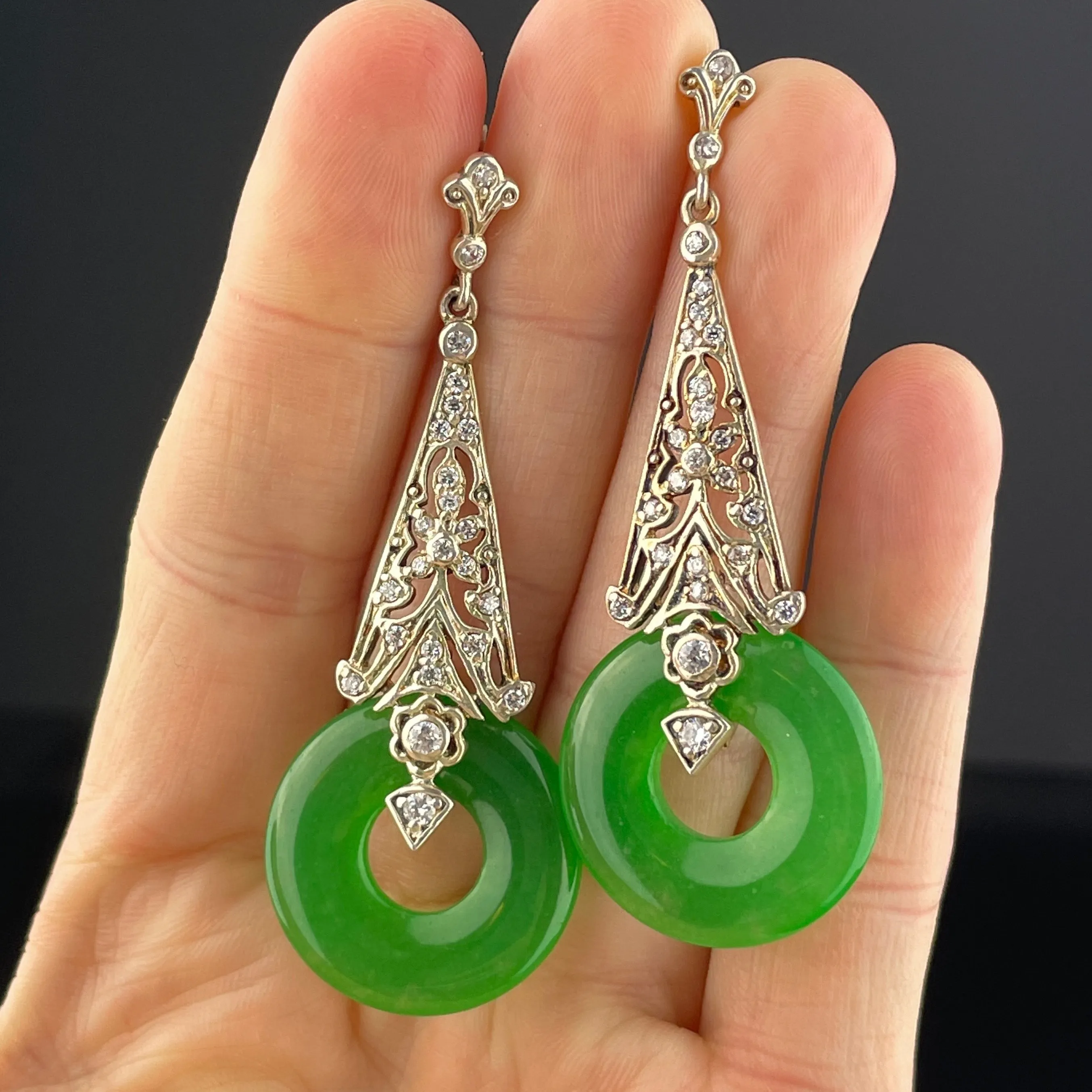Vintage Art Deco Style Silver Filigree Jade Earrings