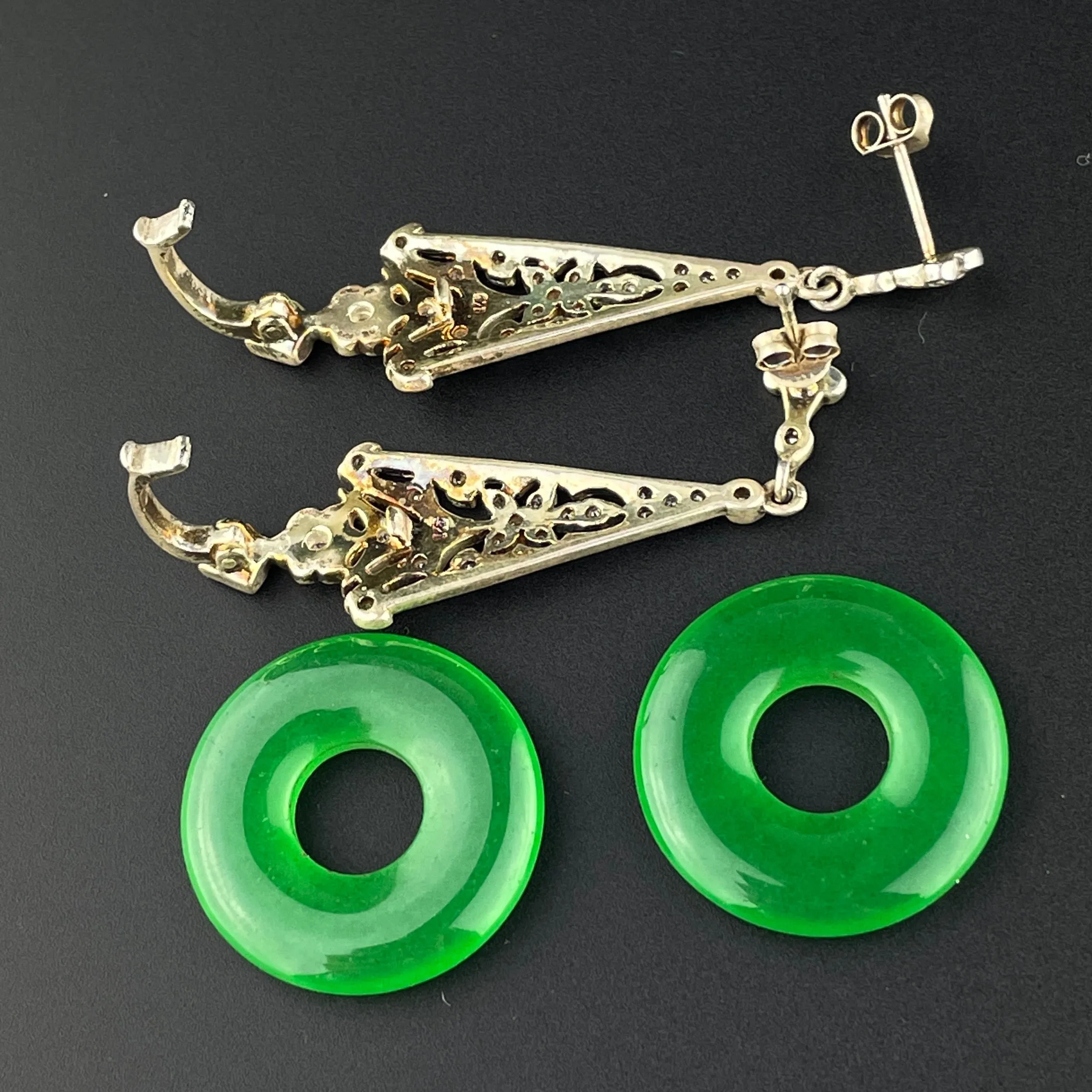 Vintage Art Deco Style Silver Filigree Jade Earrings