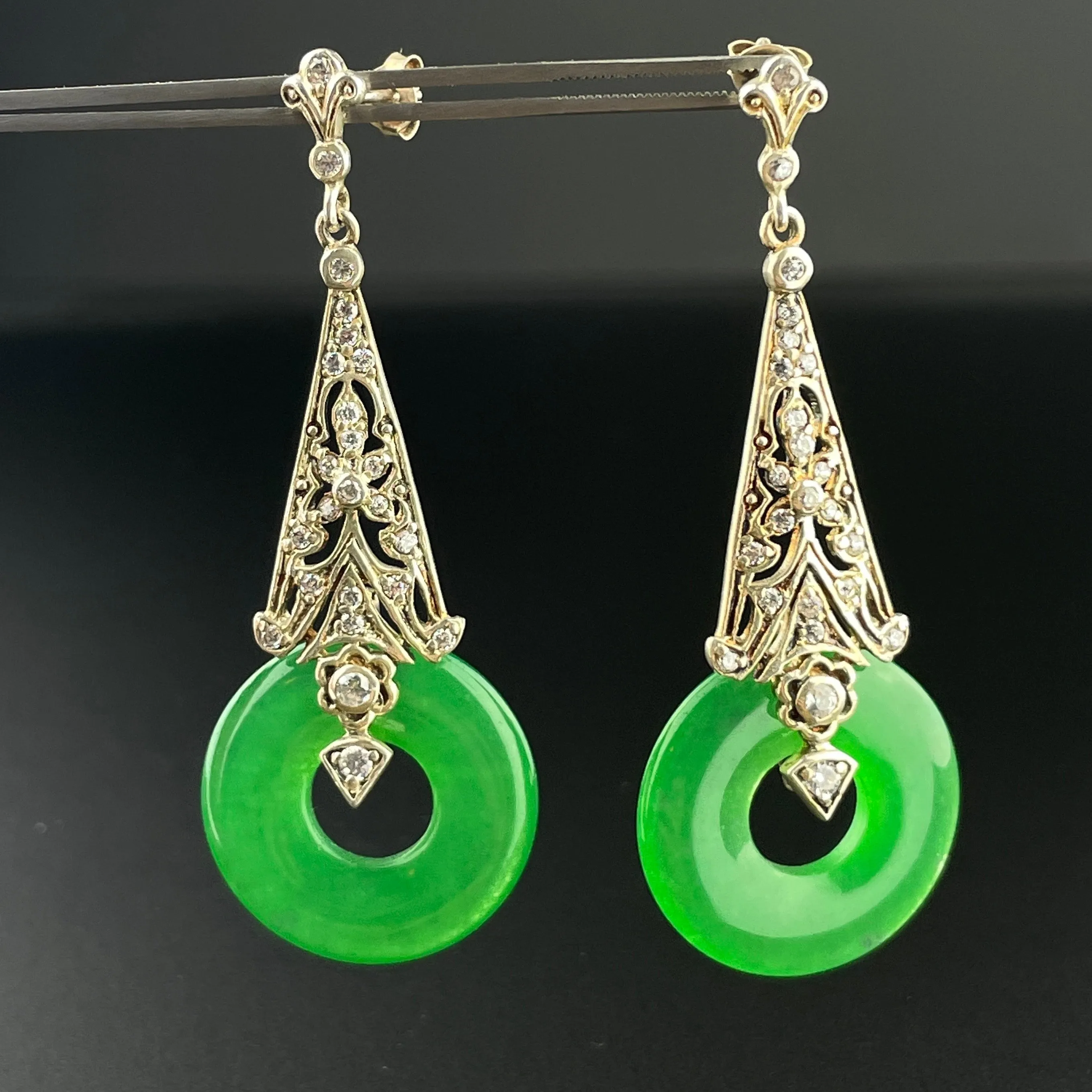 Vintage Art Deco Style Silver Filigree Jade Earrings