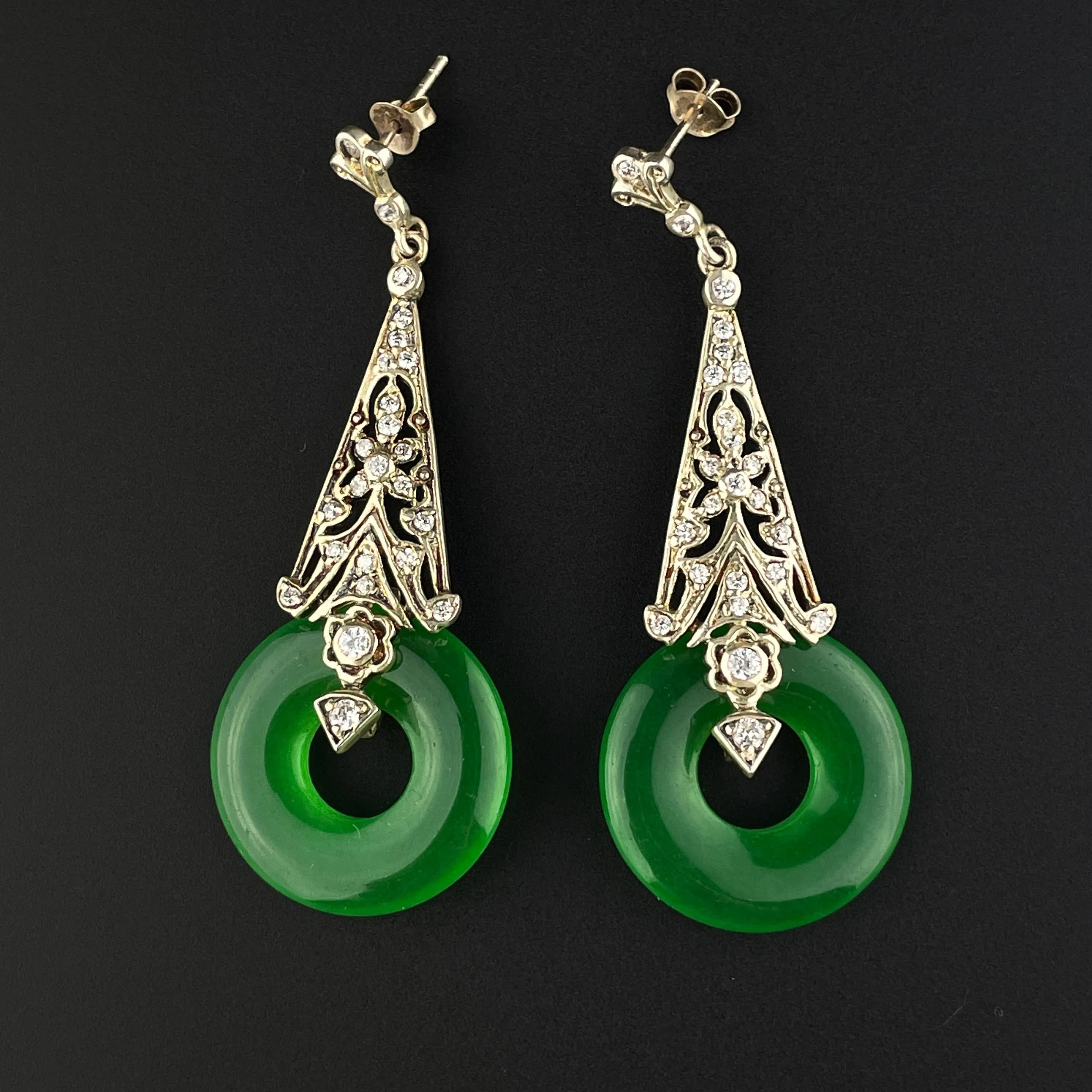 Vintage Art Deco Style Silver Filigree Jade Earrings