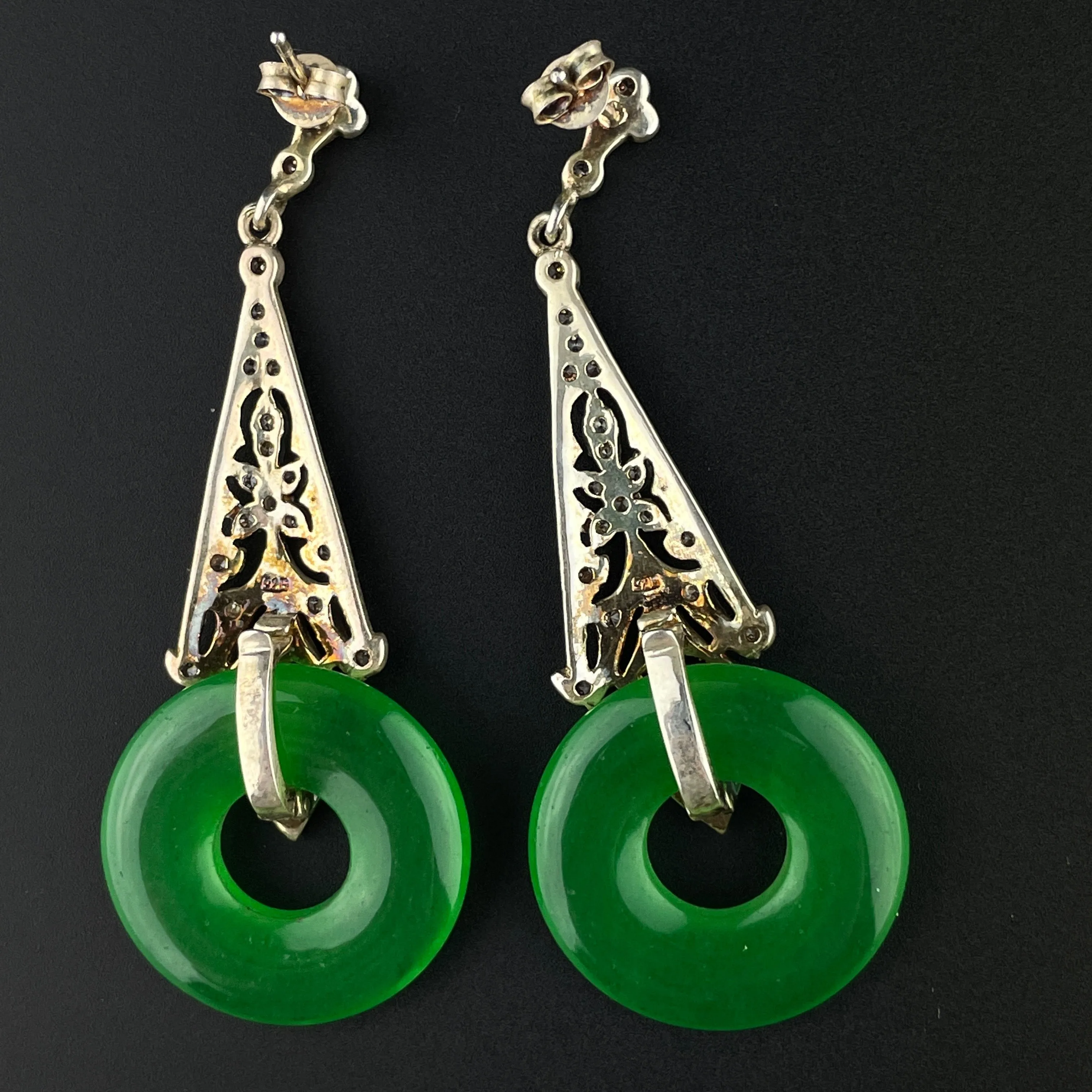 Vintage Art Deco Style Silver Filigree Jade Earrings