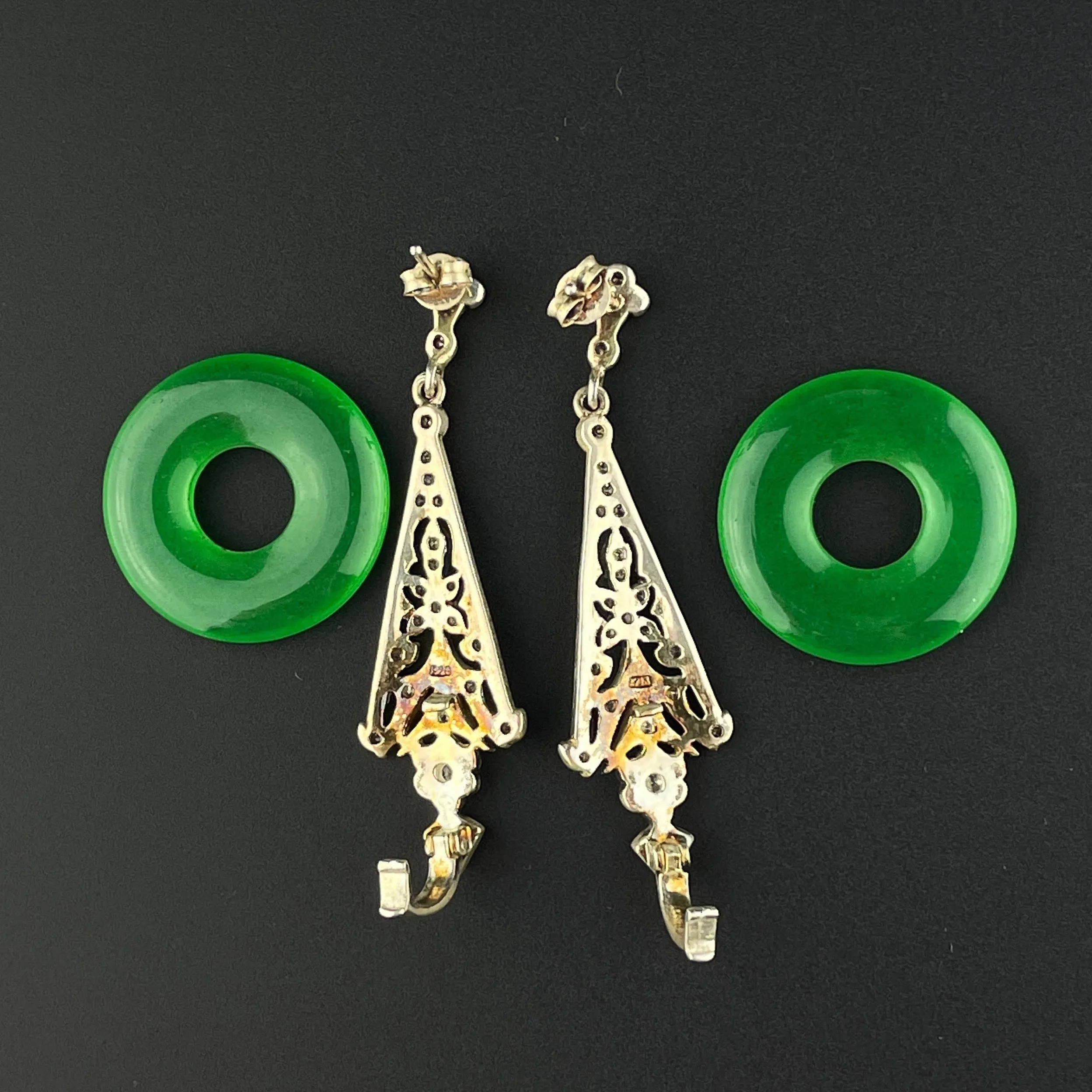 Vintage Art Deco Style Silver Filigree Jade Earrings