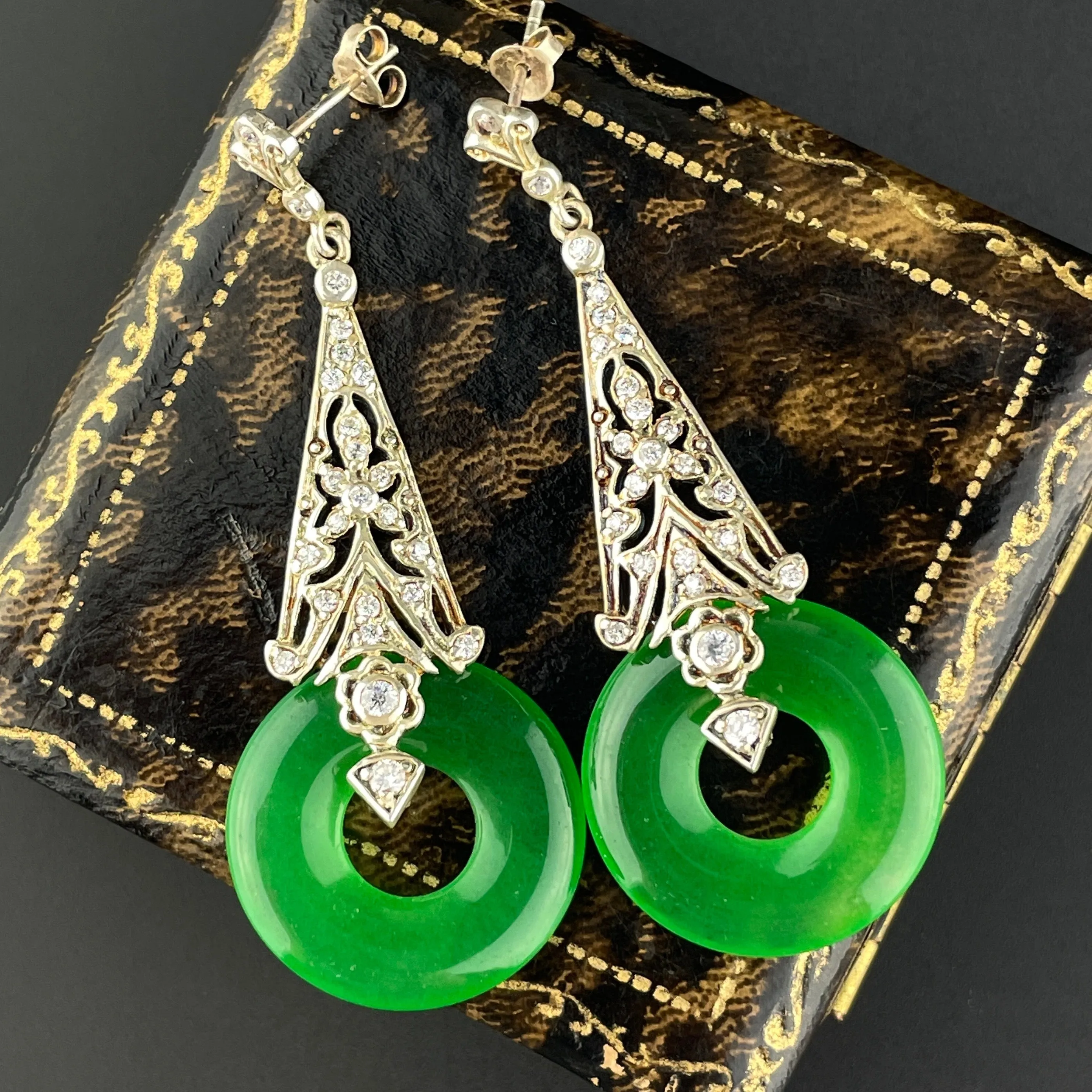 Vintage Art Deco Style Silver Filigree Jade Earrings