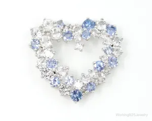 Vintage Designer Open Heart Cubic Zirconia Iolite Sterling Silver Pendant