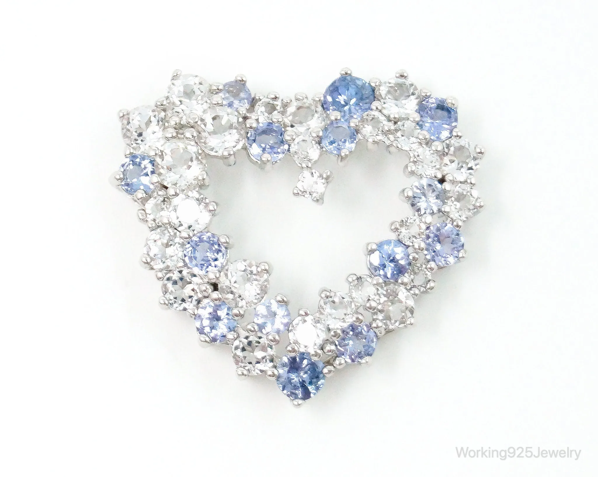 Vintage Designer Open Heart Cubic Zirconia Iolite Sterling Silver Pendant