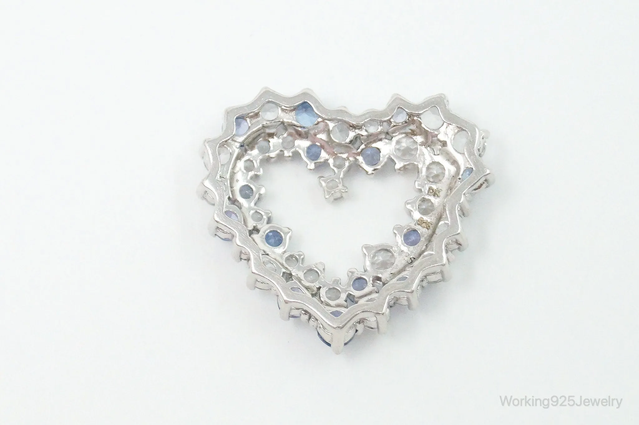 Vintage Designer Open Heart Cubic Zirconia Iolite Sterling Silver Pendant