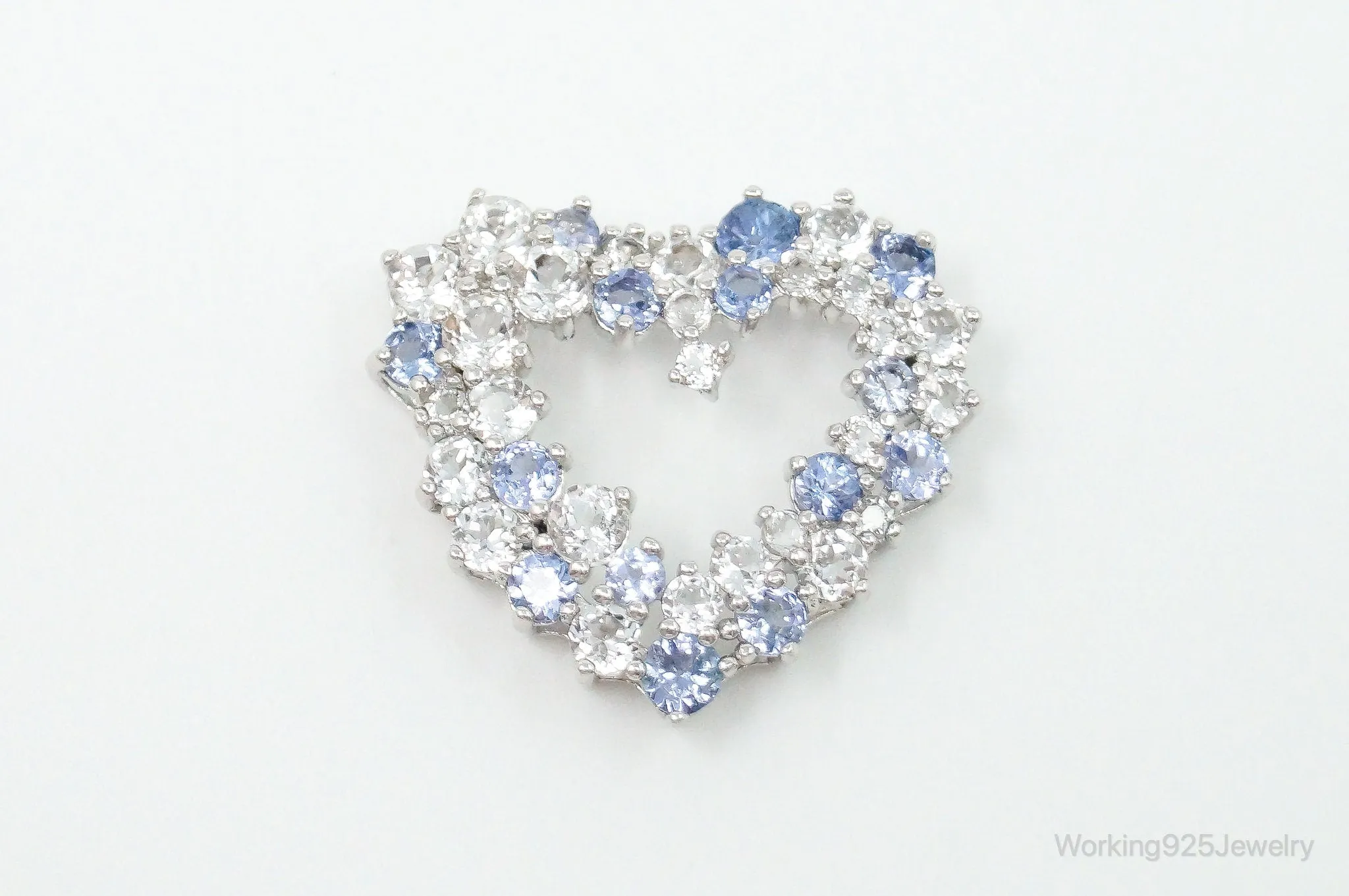 Vintage Designer Open Heart Cubic Zirconia Iolite Sterling Silver Pendant